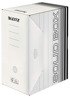 Leitz Solid Box Archiv-Schachtel, 150 mm Rückenbreite, A4 Faltkarton mit Lasche, Aufbewahrungsbox für bis zu 1400 Blatt, Lagerbox aus 100 % geriffelten Recyclingkarton,10 Stück,Weiß/Schwarz,61290001