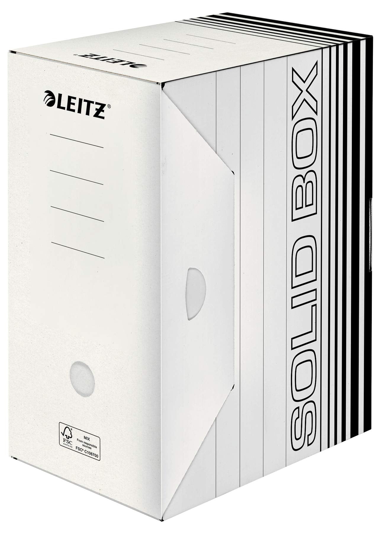 Leitz Solid Box Archiv-Schachtel, 150 mm Rückenbreite, A4 Faltkarton mit Lasche, Aufbewahrungsbox für bis zu 1400 Blatt, Lagerbox aus 100 % geriffelten Recyclingkarton,10 Stück,Weiß/Schwarz,61290001