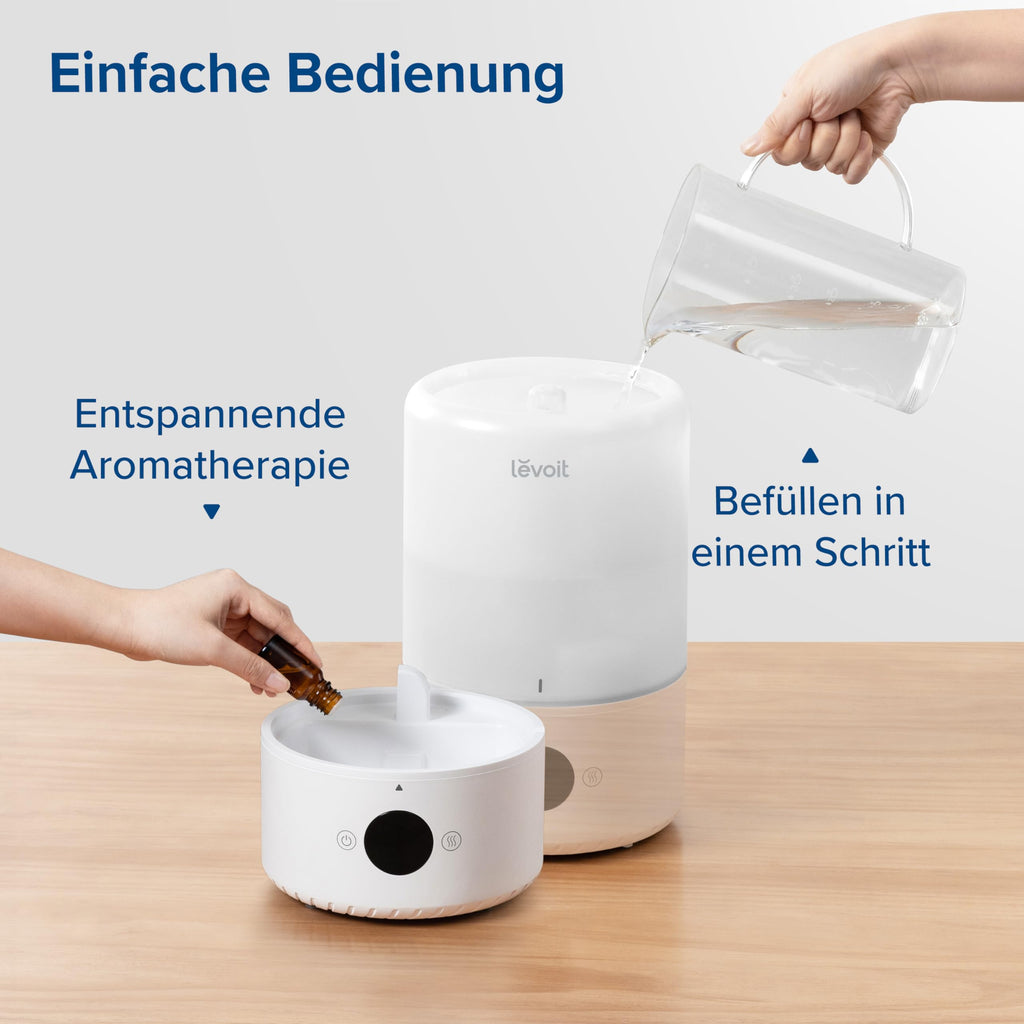 Levoit 19dB leise Top-Fill Luftbefeuchter, Smart Humidifier für Schlafzimmer, Baby, Luftfeuchtigkeit Sensor, Raumbefeuchter mit 360°Drehdüse für Kinderzimmer, Pflanzen, 3 L, Cremeweiß