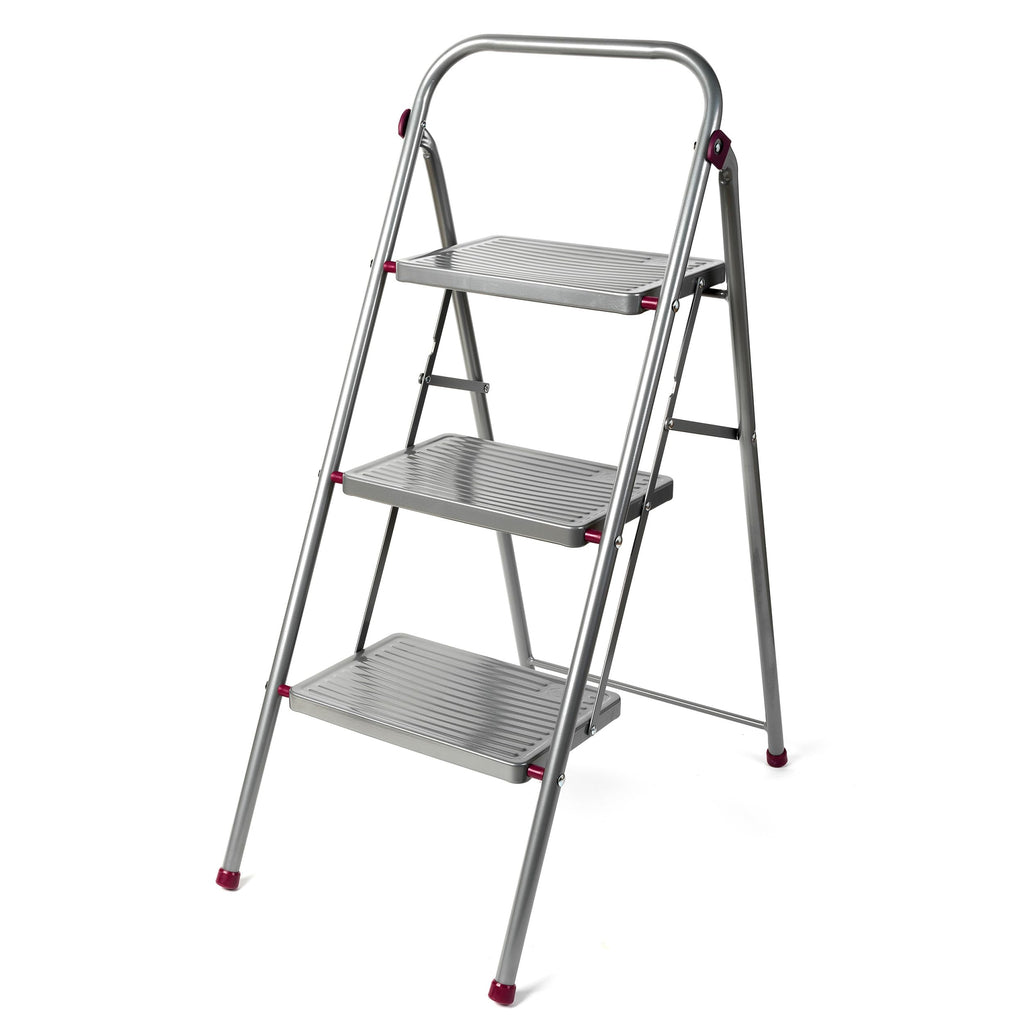 Kleeneze zusammenklappbare 3-stufige Trittleiter, leichte Klappleiter für Heimwerker, sicheres Arbeiten, rutschfeste Trittstufen, robuster Stahl, Sicherheitsclip, 105 cm, rosa/grau, Tragkraft 150 kg