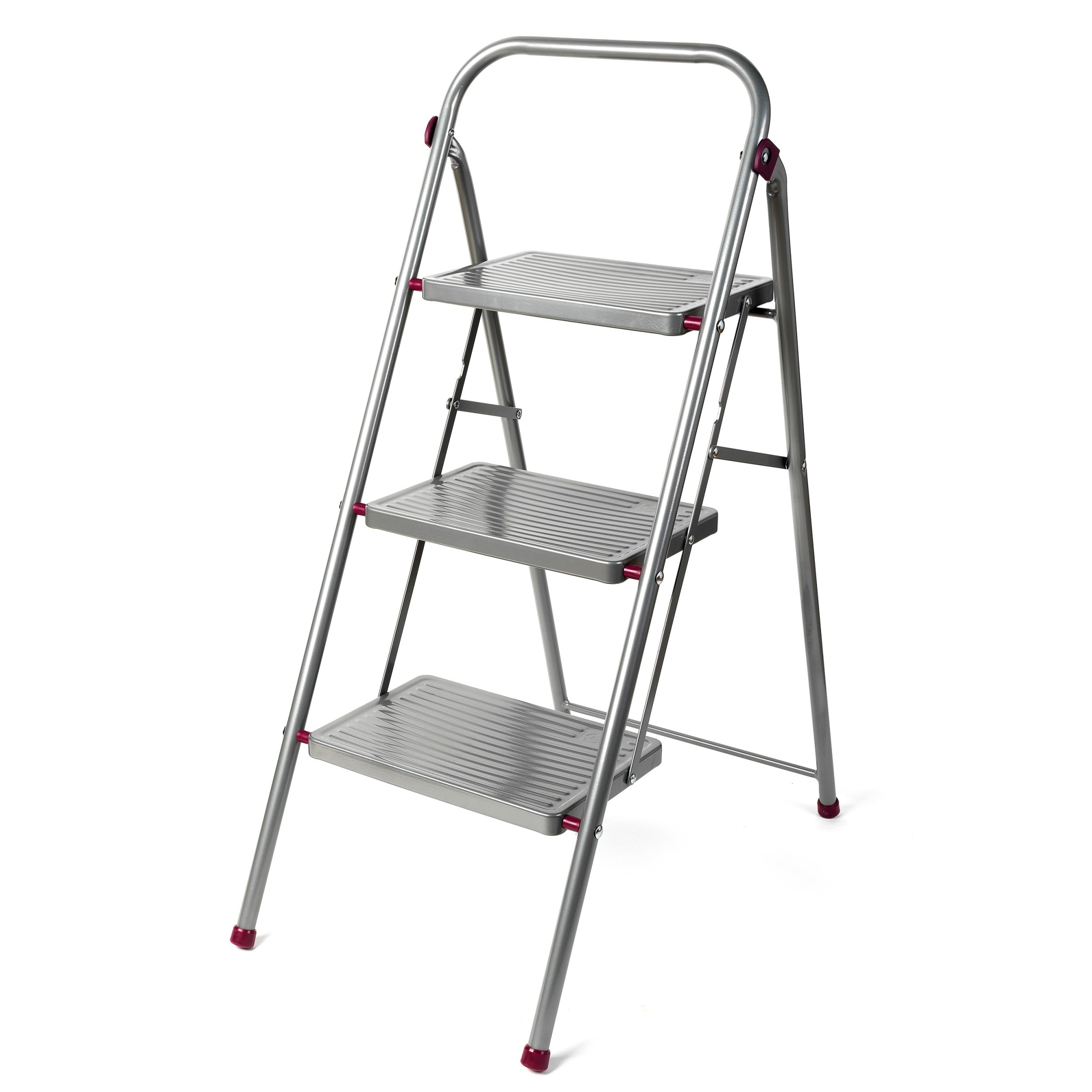 Kleeneze zusammenklappbare 3-stufige Trittleiter, leichte Klappleiter für Heimwerker, sicheres Arbeiten, rutschfeste Trittstufen, robuster Stahl, Sicherheitsclip, 105 cm, rosa/grau, Tragkraft 150 kg