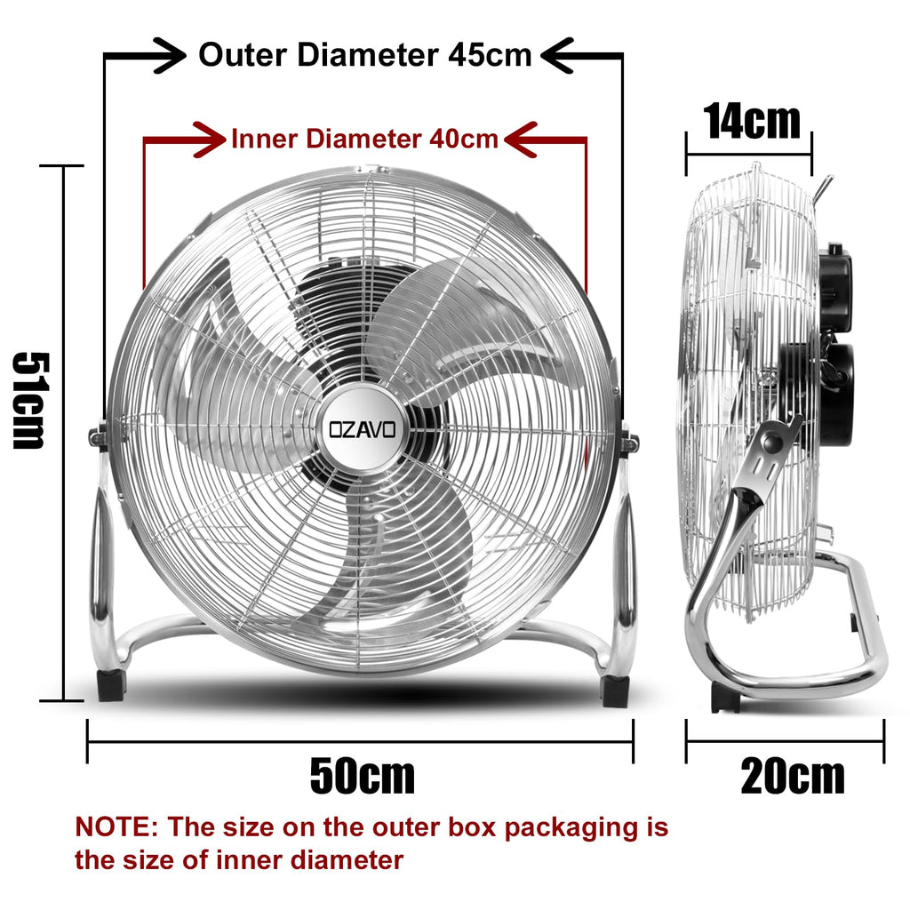 OZAVO Standventilator, Windmaschine ⌀45 cm mit 3 Laufgeschwindigkeiten, Bodenventilator Power, Tischventilator Metall, Luftkühler, verstellbare Neigungswinkel, 80 W