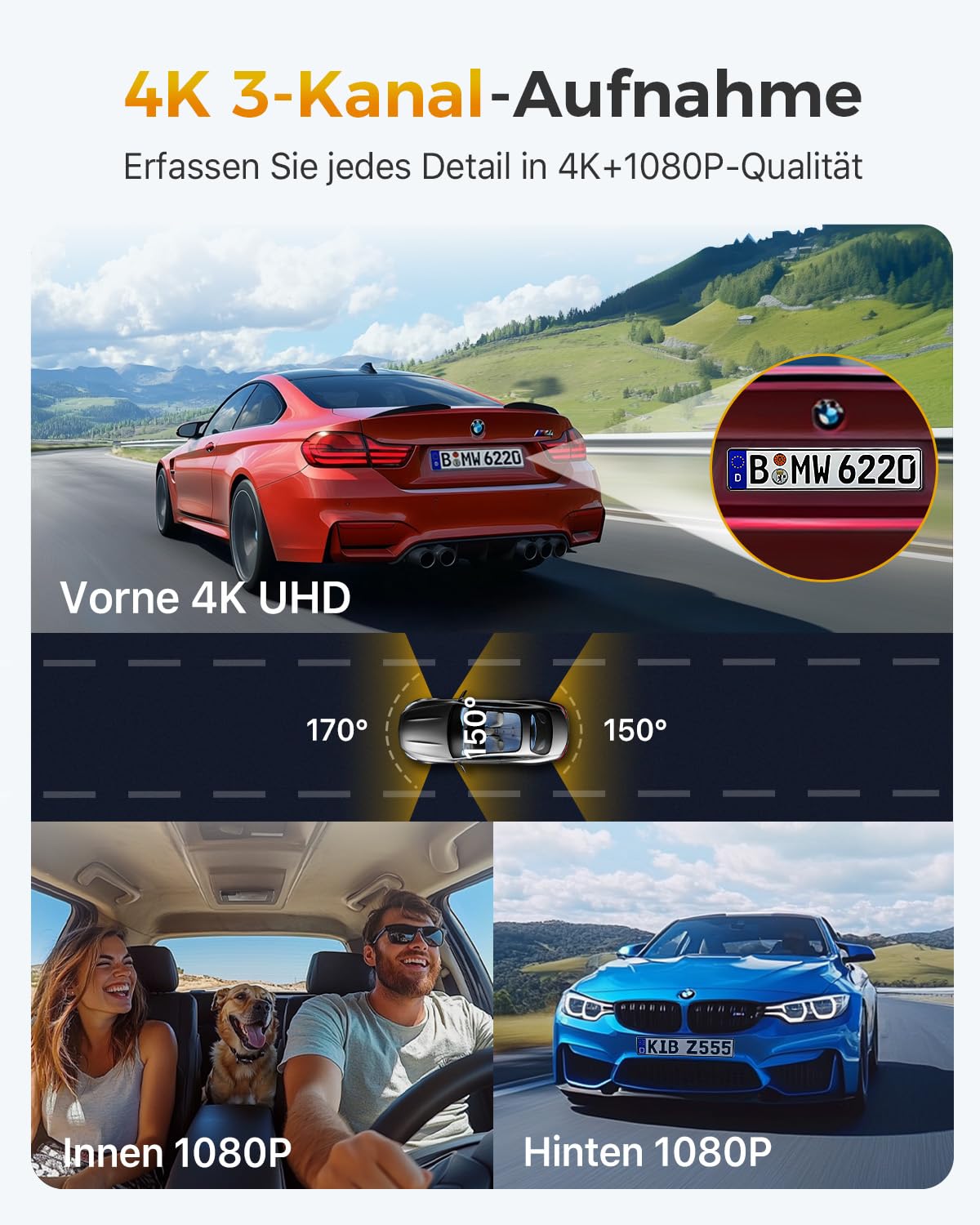 GKU 3-Kanal-Dashcam, 4K+1080P+1080P Dashcam Auto Vorne Innen Hinten mit 64GB SD Karte, GPS 5GHz WiFi, 3" IPS-Bildschirm, Super Nachtsicht,WDR,G-Sensor,Loop-Aufnahme,Parküberwachung,Max512GB