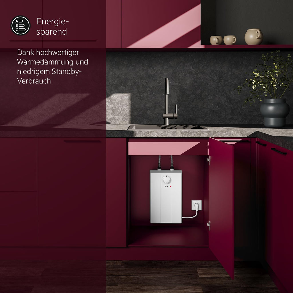 AEG druckloser Kleinspeicher Huz 5 Basis, Untertischboiler 5 Liter Niederdruck, steckerfertig, 2 kW, 222162