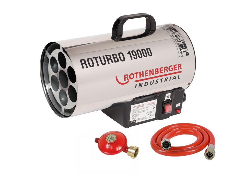 Rothenberger Industrial Gas Heiz Kanone/Gebläse RoTurbo 19000 inkl. Piezo-Zündung | Schlauch 1 m und Regler 300mbar | 18,2 kW | Thermosicherung | wettergeschützter Außenbereich | 1500000051