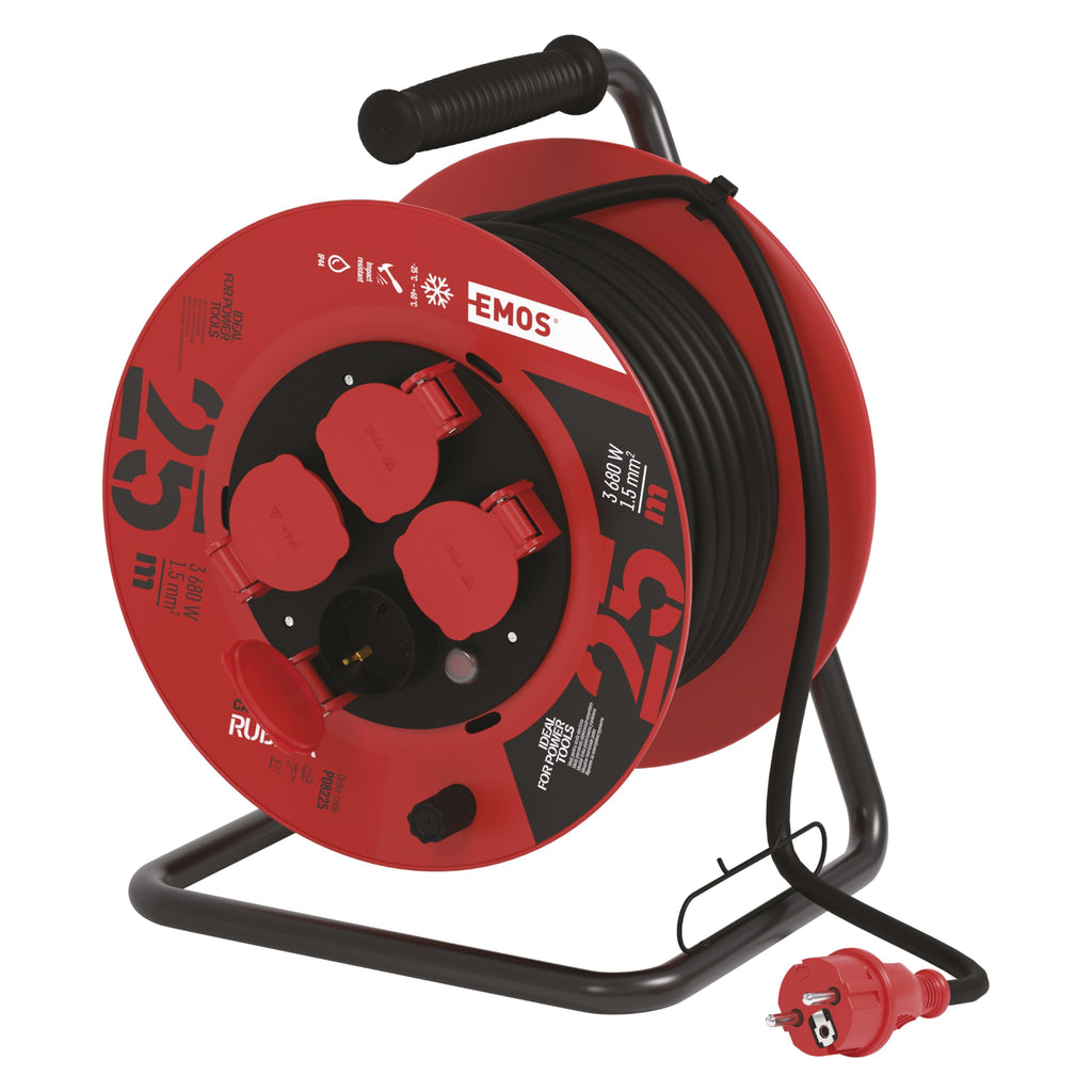 EMOS - Kabeltrommel 25m - 4 Schuko-Steckdosen - wasserdicht, schlagfest, hitze- & kältebeständig - 230V, 16A, 3680W - Gummi-Isolierung - H05RR-F3G 1,5 mm2 - IP44 für Außenbereich