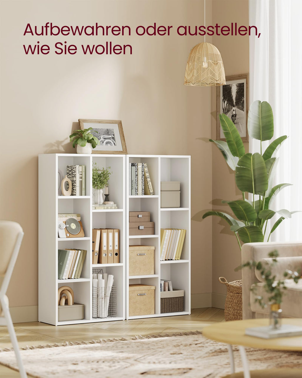 VASAGLE Bücherschrank, Bücherregal, mit 7 Fächern, Büroregal, Würfelregal, Standregal, für Wohnzimmer, Schlafzimmer, Büro, Kinderzimmer, weiß LBC27WT