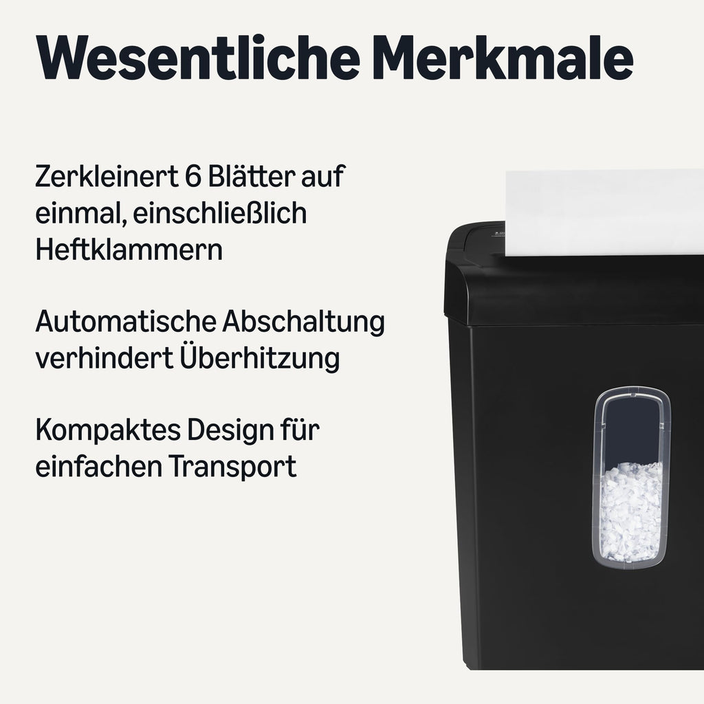 Amazon Basics 6-Blatt-Papierschredder mit Kreuzschnitt und Kreditkartenschredder, 14 l, schwarz