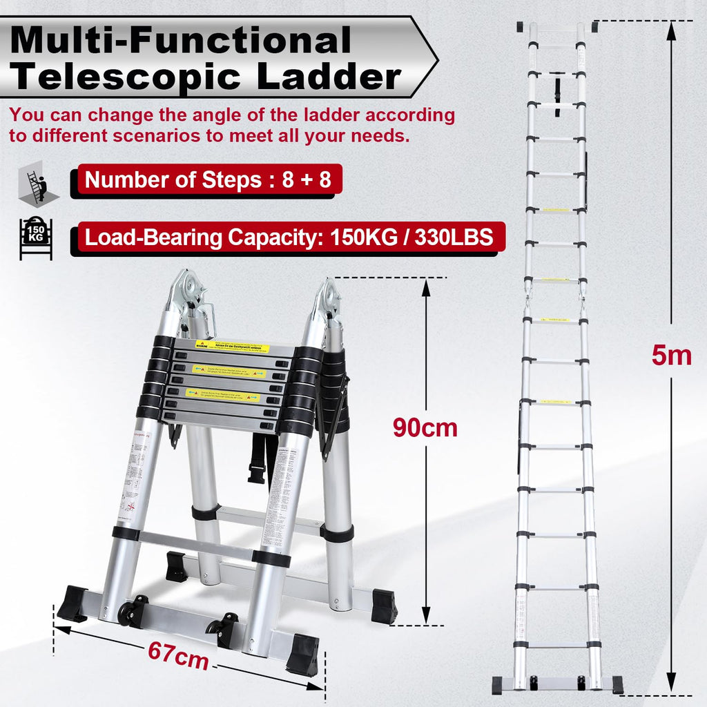 Joparri Teleskopleiter Klappleiter Aluminium, 5M Ausziehbare Leiter, Rutschfester Aluleiter Stehleiter Mehrzweckleiter Aluminiumleiter, Teleskop Ausziehleiter 150 kg Belastbarkeit