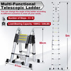 Joparri Teleskopleiter Klappleiter Aluminium, 5M Ausziehbare Leiter, Rutschfester Aluleiter Stehleiter Mehrzweckleiter Aluminiumleiter, Teleskop Ausziehleiter 150 kg Belastbarkeit