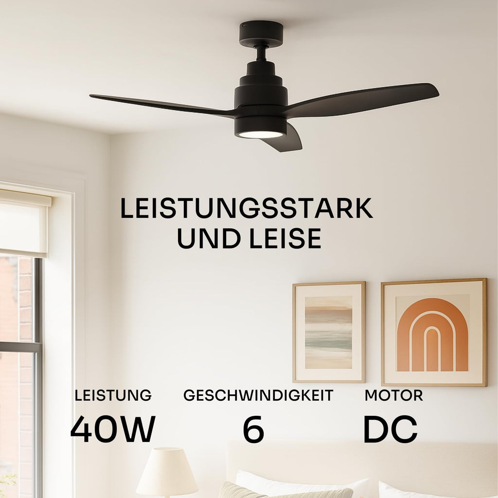 Mellerware - Deckenventilator mit Fernbedienung Brizy Bright | 45W | 6 Geschwindigkeiten | Sehr Leise | 3 Flügel 132 cm Durchmesser | Sommer-Winter-Funktion | Timer | LED | Black