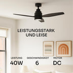 Mellerware - Deckenventilator mit Fernbedienung Brizy Bright | 45W | 6 Geschwindigkeiten | Sehr Leise | 3 Flügel 132 cm Durchmesser | Sommer-Winter-Funktion | Timer | LED | Black