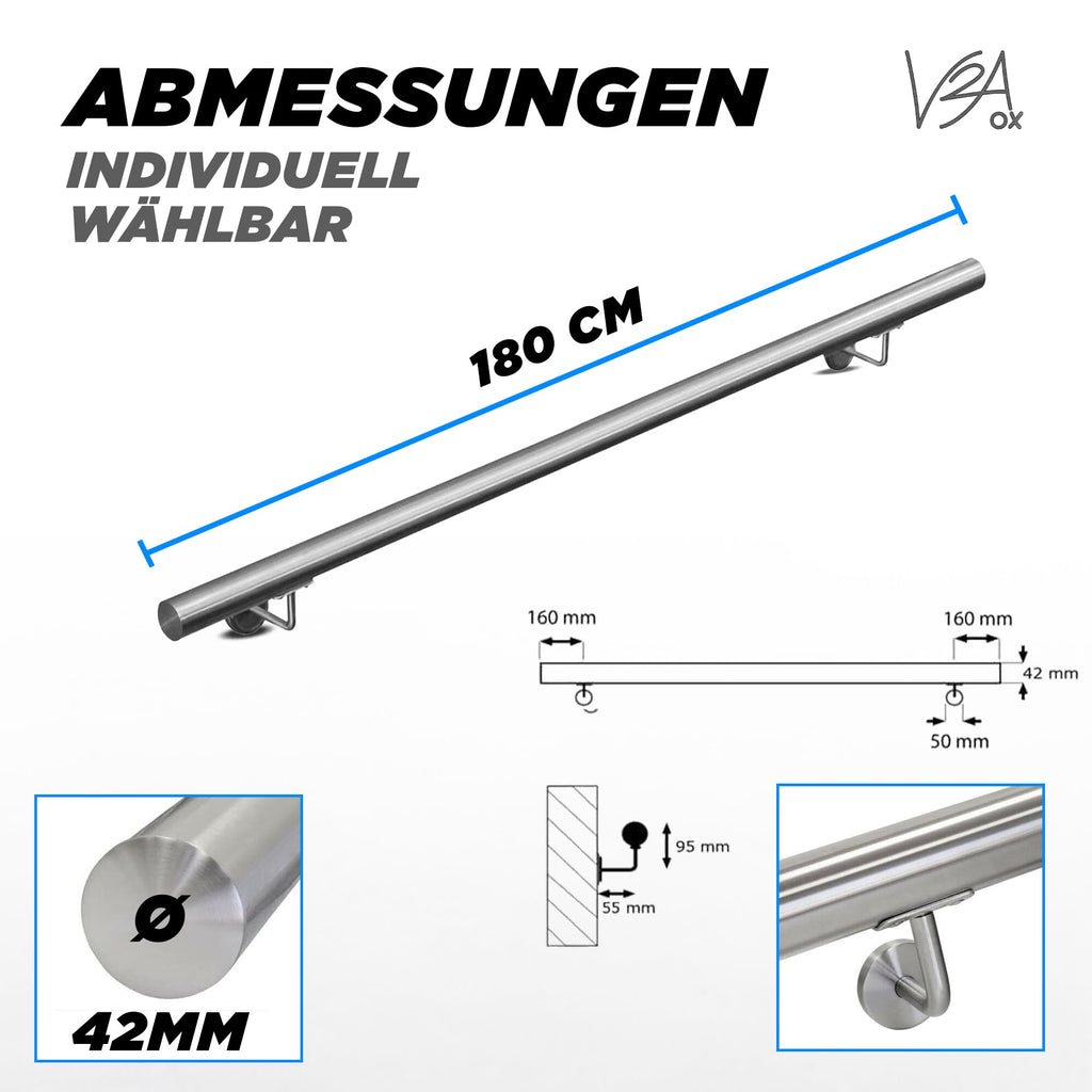 V2Aox Handlauf Treppengeländer aus Edelstahl, Durchmesser: 4,2 cm, Rostfrei & Wetterfest, Inklusive Montagematerial, Halter, Länge: 180 cm