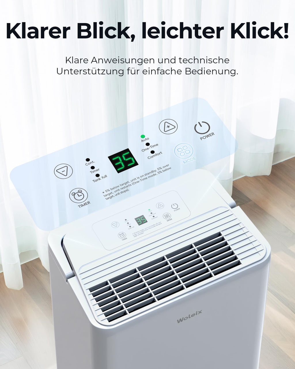 Woleix Luftentfeuchter elektrisch 12L, Entfeuchter elektrisch für Keller, Raumentfeuchter elektrisch 35dB für Räume bis zu 122m³/25m², mit Filter und 1M Ablaufschlauch, Timer, 10 J. Gar.