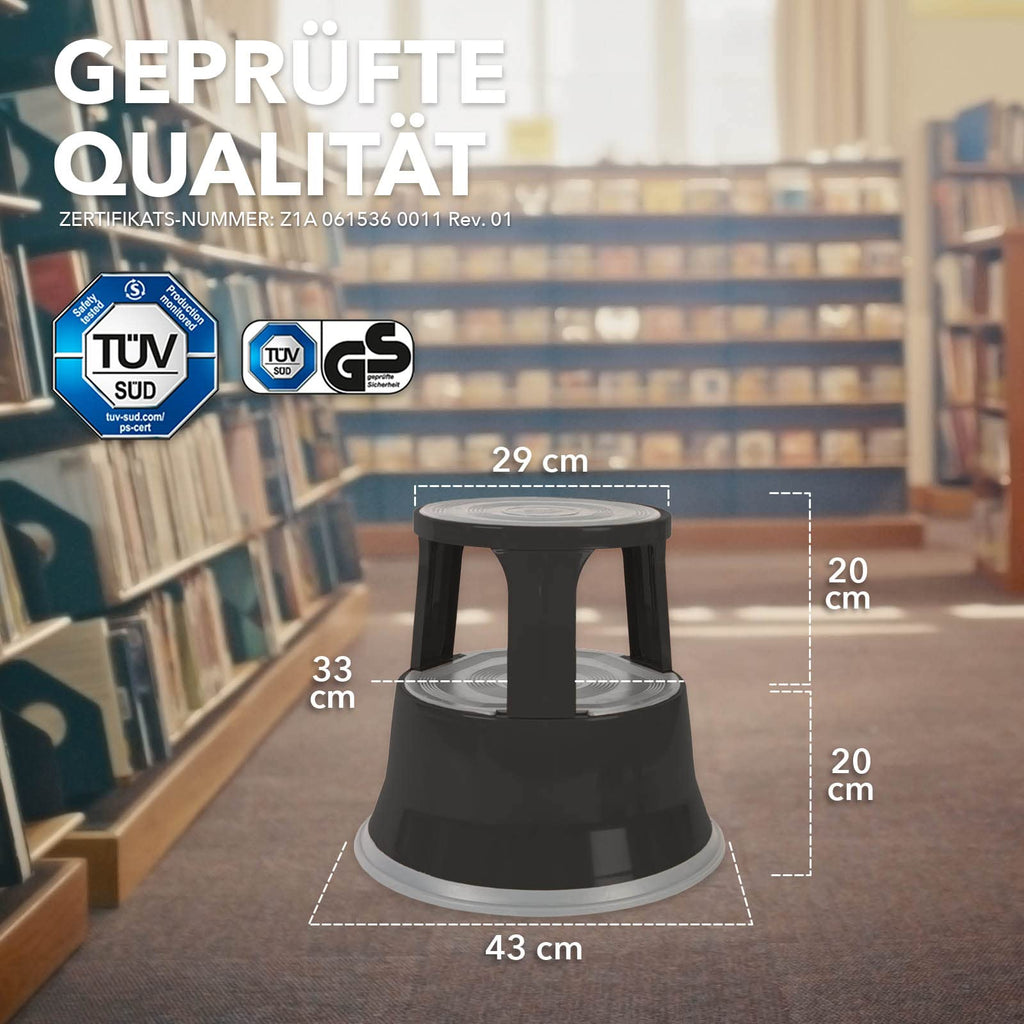 Floordirekt Rollhocker, Tritthocker, Elefantenfuß - Hocker aus Stahl bis 150kg Tragkraft für Büro oder Gewerbe - TÜV + GS geprüft (Schwarz, Metall)