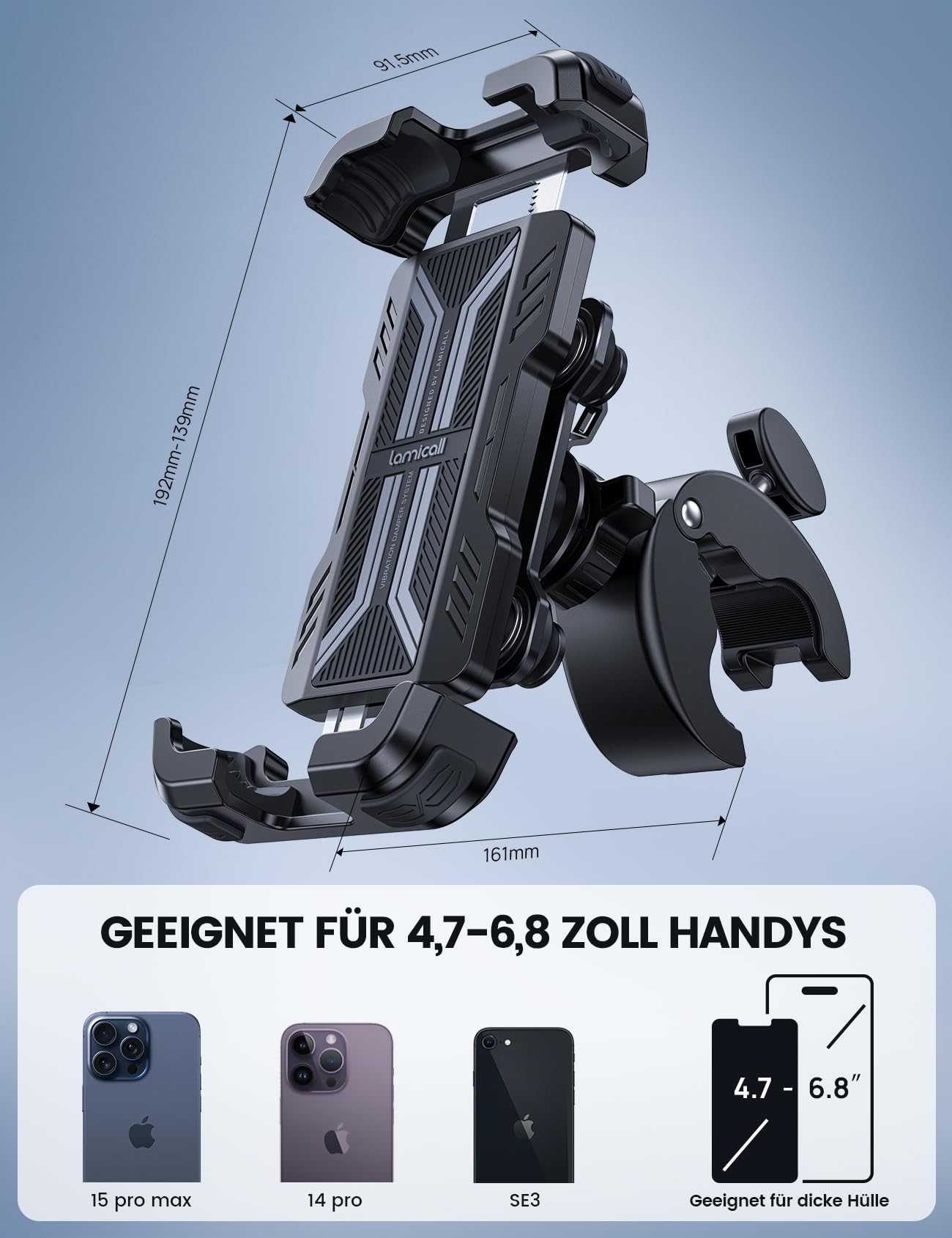 Lamicall Motorrad Handyhalterung, Handyhalter Fahrrad - [2025 Doppelt Vibrationsgedämpft] Handy Motorradhalterung, 360° Drehbar Lenker Halterung für iPhone 17 16 15 Pro Max Samsung 4,7-6,8" Smartphone