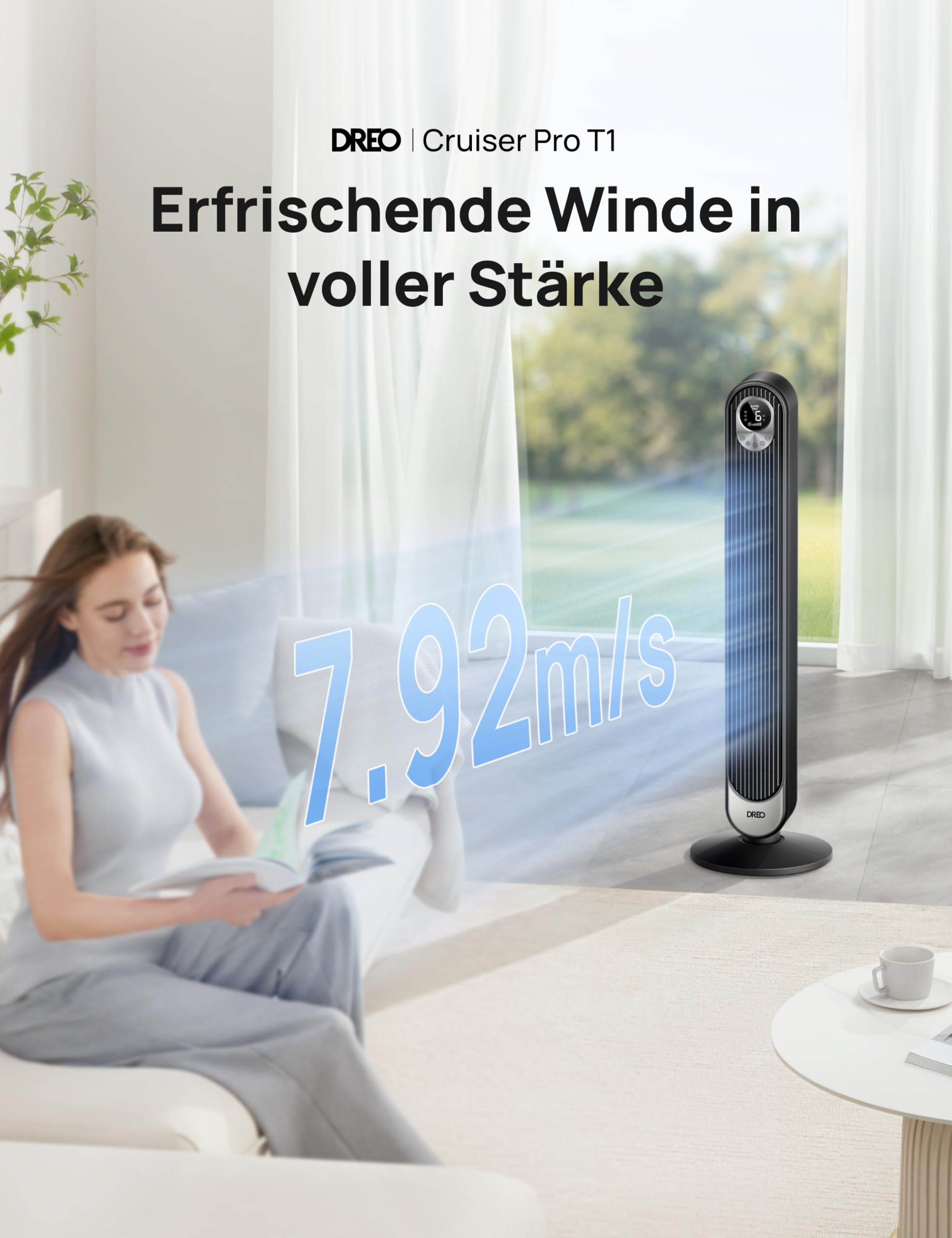 Dreo 20dB DC Motor Turmventilator Leiser, 11M Windentfernung Ventilator mit Kühlung Fernbedienung, 9 Stufen 4 Modi, 90° Oszillierender Stand Ventilatoren für Schlafzimmer, Tower Fan mit 12H Timer