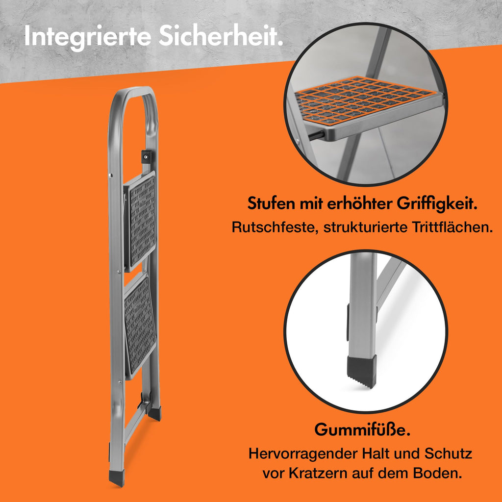 VonHaus Trittleiter 2 Stufen Klappbar - Treppenleiter mit Anti-Rutsch-Füßen, Einfache Aufbewahrung, Belastbar bis 150kg - Hochwertige, Robuste Stahl Stahlleiter für Heimwerker- und Gartenprojekte