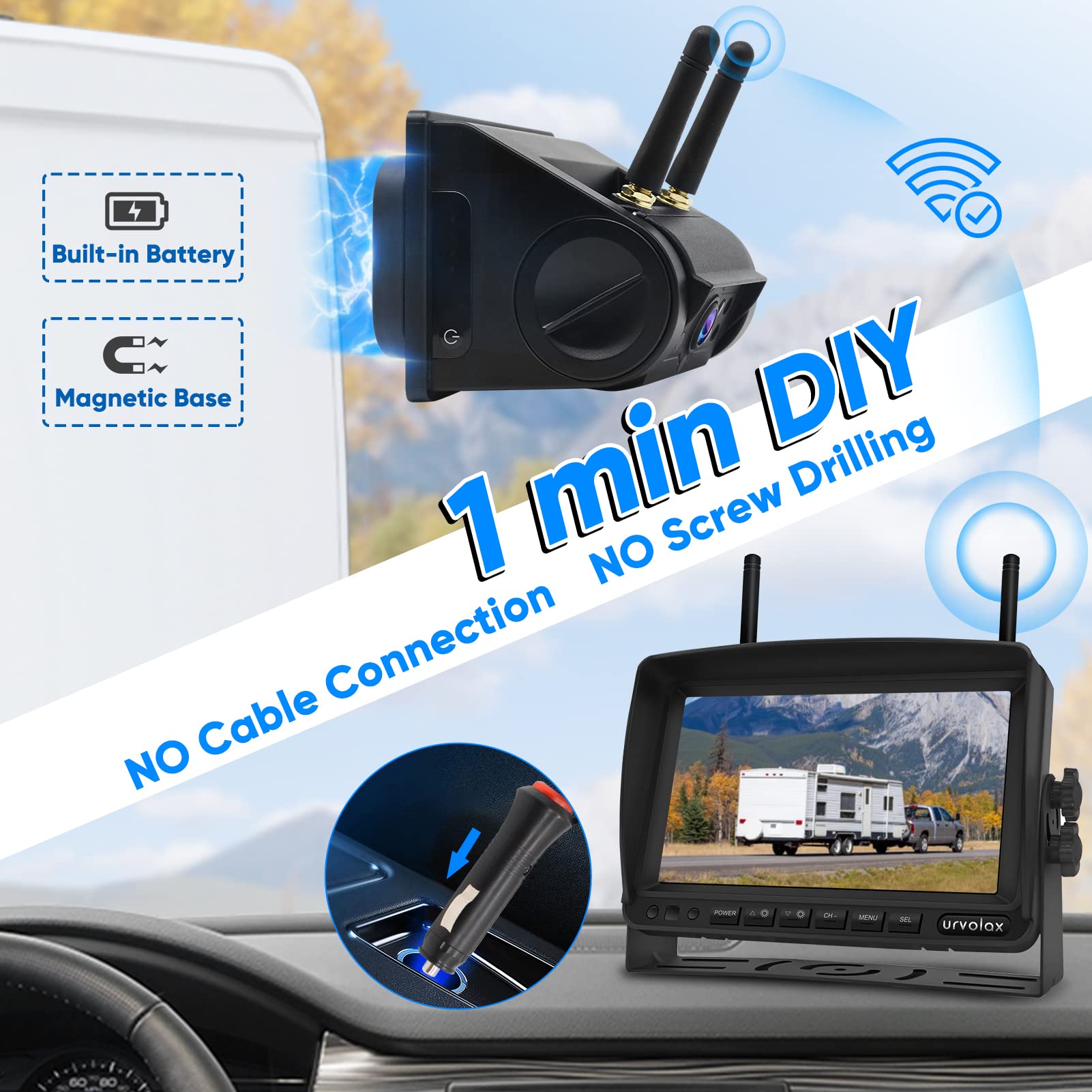 URVOLAX 100% Rückfahrkamera Kabellos: 6700mAh Wiederaufladbare Batterie Magnetische Rückfahrkamera Funk - 7 Zoll Monitor Videoaufzeichnung- DIY Installation für Wohnmobil Wohnwagen Anhänger LKW (65X)