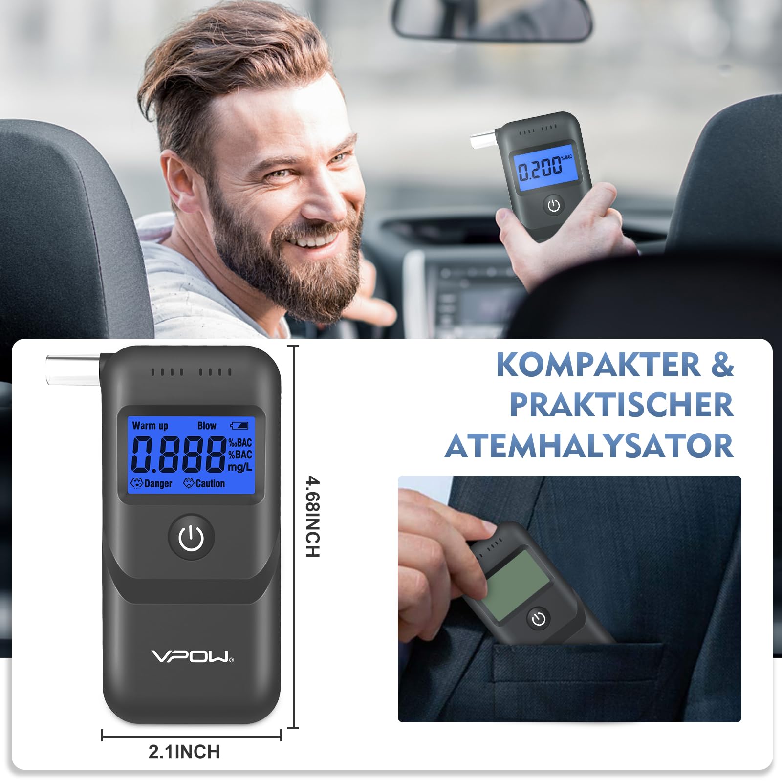 VPOW Alkoholtester, Professioneller Alkoholtester mit digitaler Blauer LCD-Anzeige, Atemalkoholtester mit Gradgenauigkeit für den privaten professionellen Gebrauch zu Hause - Grau
