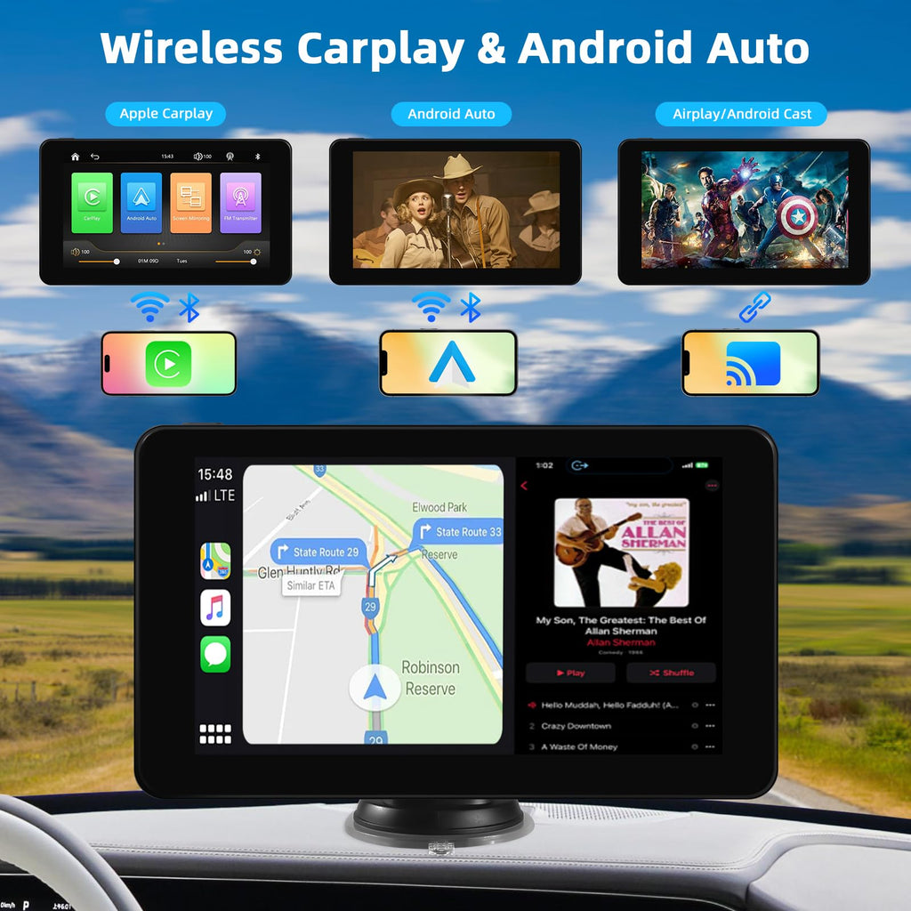 Wireless Carplay Display mit A-pple Carplay & Android Auto, 7 Zoll Tragbares Autoradio mit Bildschirm, Navigationsgeräte für Auto mit Rückfahrkamera, Bluetooth, Mirror Link, Voice Control, FM, AUX