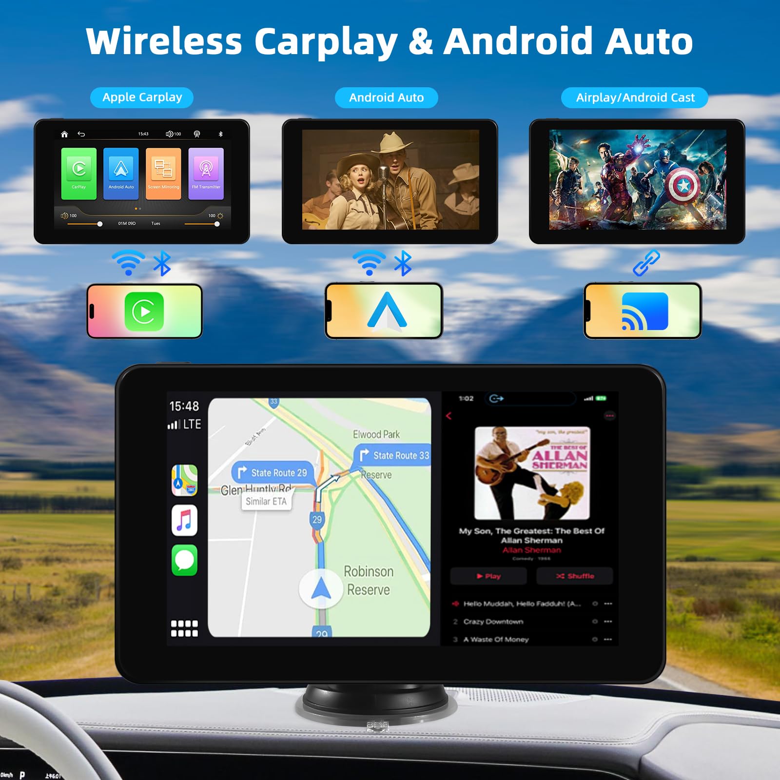 Wireless Carplay Display mit A-pple Carplay & Android Auto, 7 Zoll Tragbares Autoradio mit Bildschirm, Navigationsgeräte für Auto mit Rückfahrkamera, Bluetooth, Mirror Link, Voice Control, FM, AUX