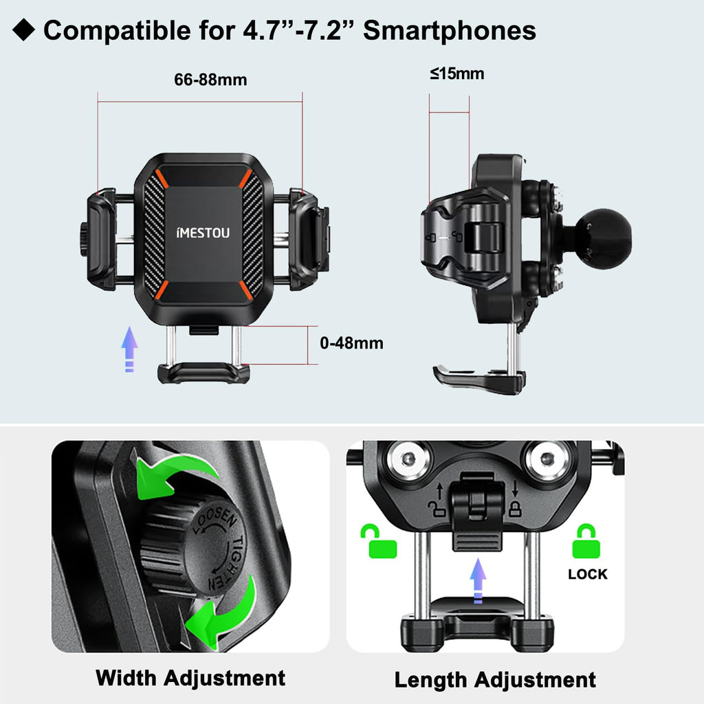 iMESTOU Kabellose USB-C Handyhalterung für Motorrad, Vibrationsdämpfend und Wasserdicht, 2,5 cm Kugel Qi Handyhalterung, Geeignet für 4,7"-7,2" mit max. 15mm Dicke Handys, Passend für 22–32 mm Lenker