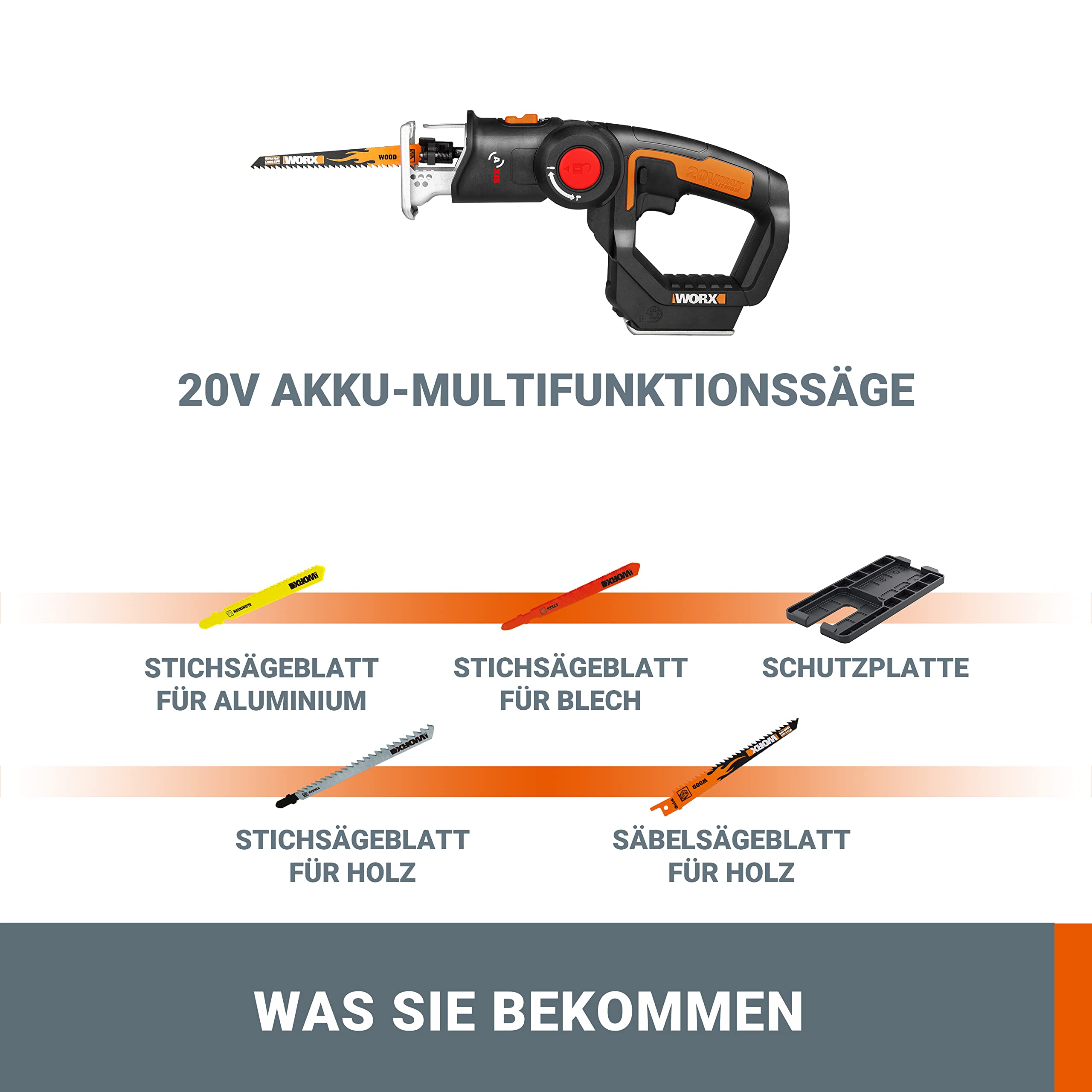 WORX WX550.9 Stichsäge zum Schneiden von Holz, Stahl & PVC – 2-in-1 Universalsäge mit Stich- & Säbelsäge & schneller Umstellung – 20V – Mit Staubbläser & Pendelhub – Ohne Akku & Ladegerät