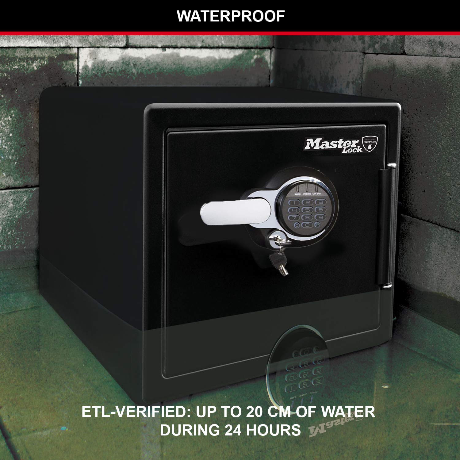 Master Lock Tresor Feuerfest und Wasserdicht mit Zahlencode und Schlüssel, Dreifacher Schutz - Flug, Feuer und Flut, elektronische Kombination und Schlüssel, 33.6L, 45.3 x 41.5 x 49.1 cm