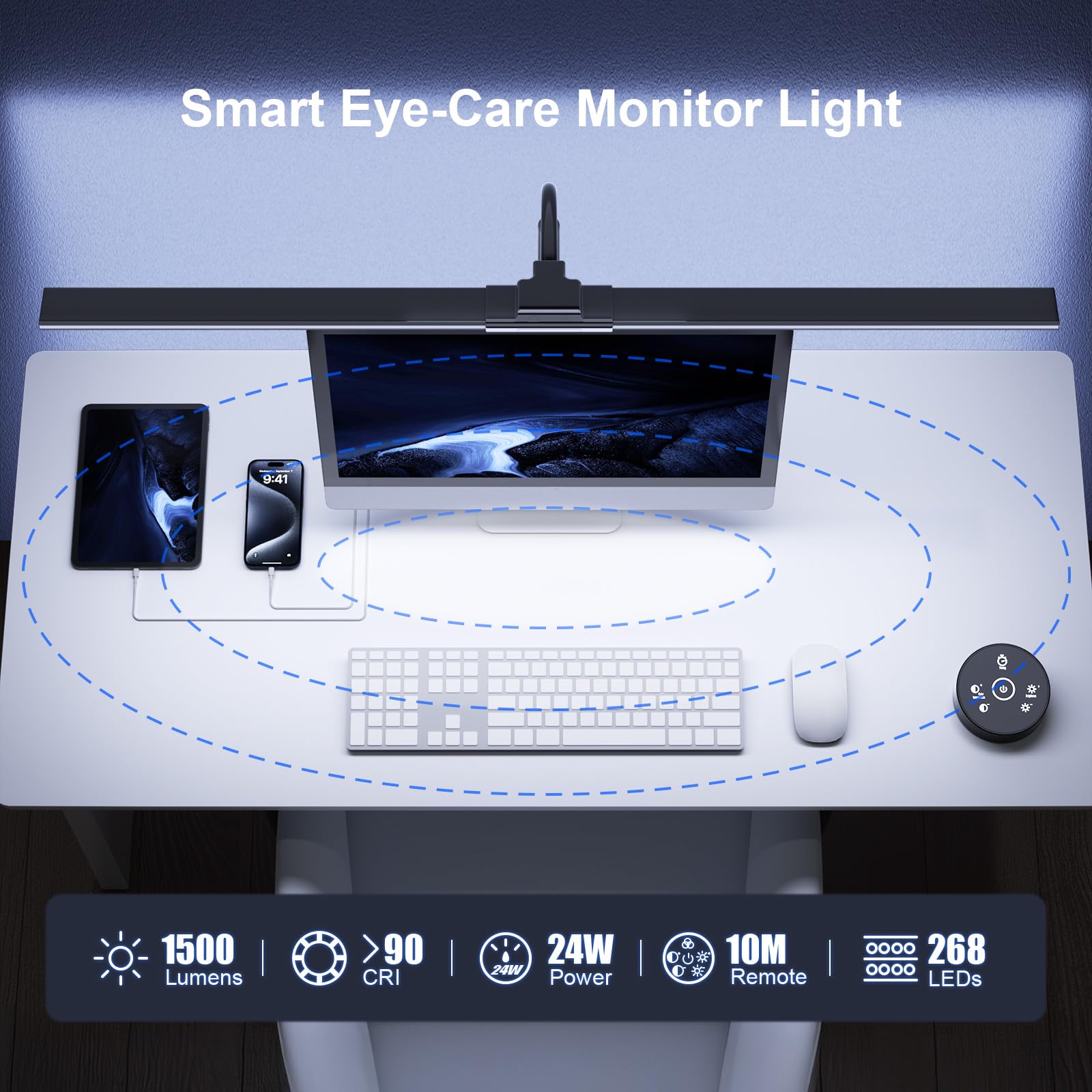 YICAIZI Schreibtischlampe LED Dimmbar - 1500LM 24W Klemmbar Büroschreibtischlampe mit Fernbedienung, 80CM Schwanenhals Schreibtisch Lampe USB-Ladeanschluss, für Büro & Zuhause, Schwarz