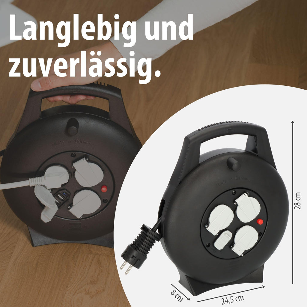 Brennenstuhl Vario Line Kabelbox 3-fach mit USB/Mini-Kabeltrommel für den Innenbereich (Indoor-Kabeltrommel mit USB-Ladefunktion und 10m Kabel, Made in Germany) schwarz