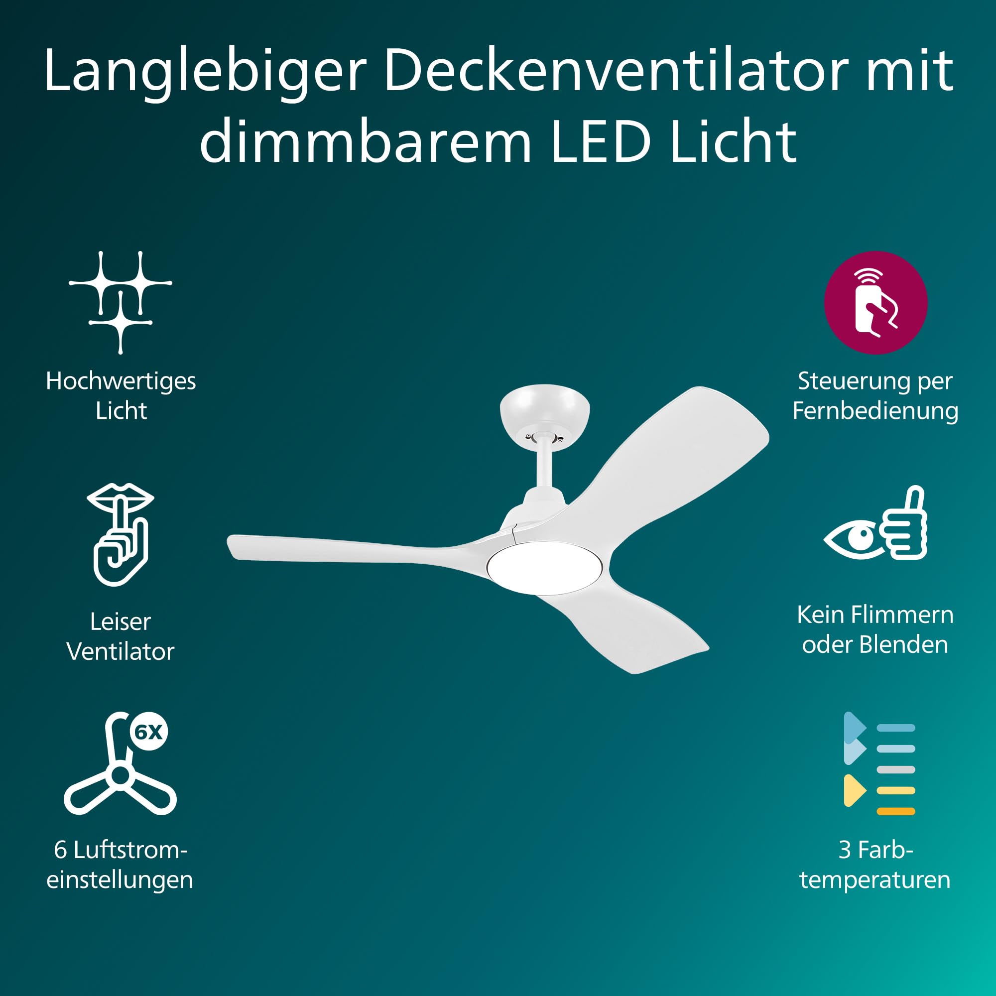 Philips Deckenventilator mit festem Flügel, 3 Flügel, klein (42"), 28 W LED-Licht, Gleichstrommotor, Farbtemperaturbereich (3000 K, 4300 K, 6500 K) mit Dimmfunktion, inkl. Fernbedienung