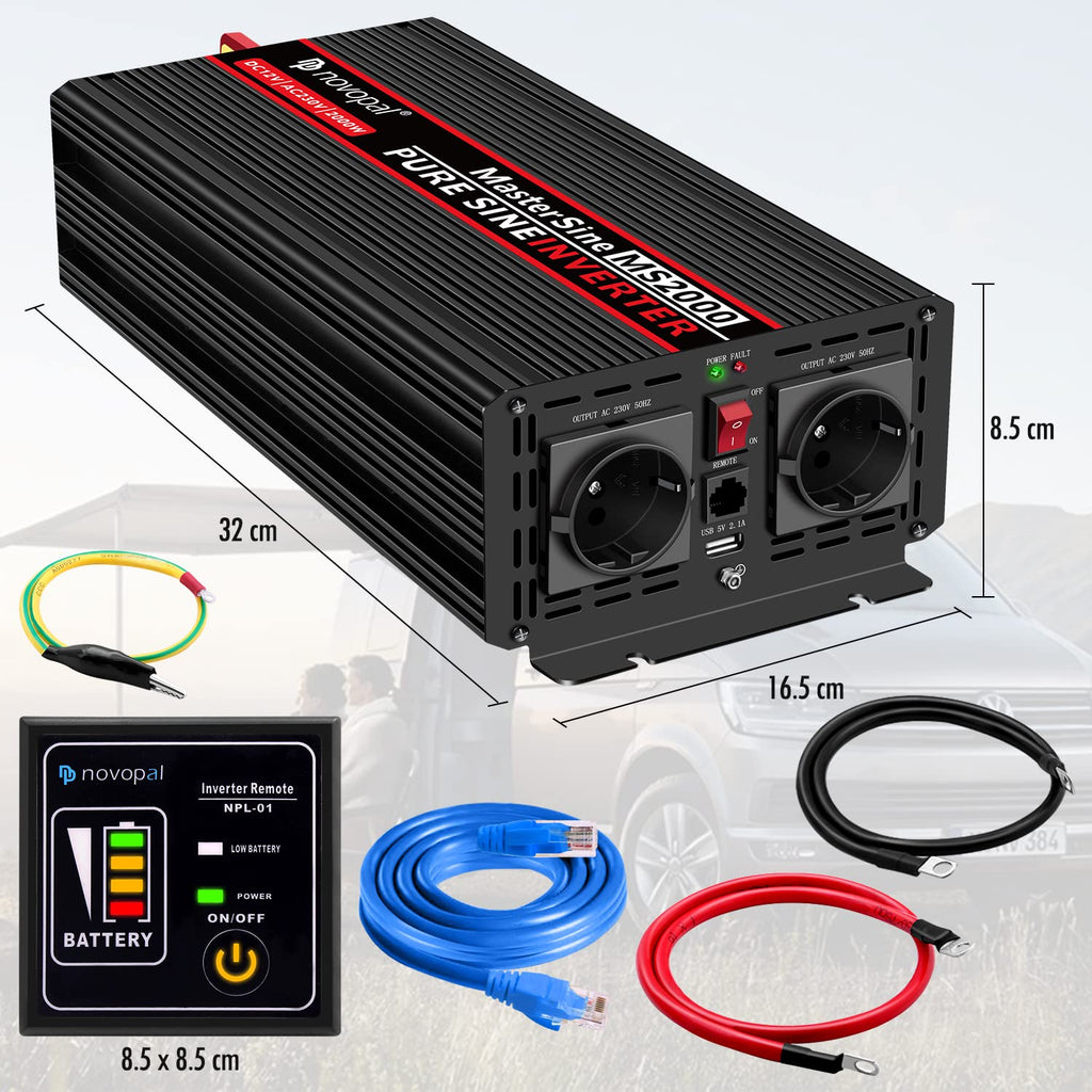 NOVOPAL 2000W/4000W Reiner Sinus Wechselrichter 12V auf 230V Spannungswandler mit 2 EU-Steckdose