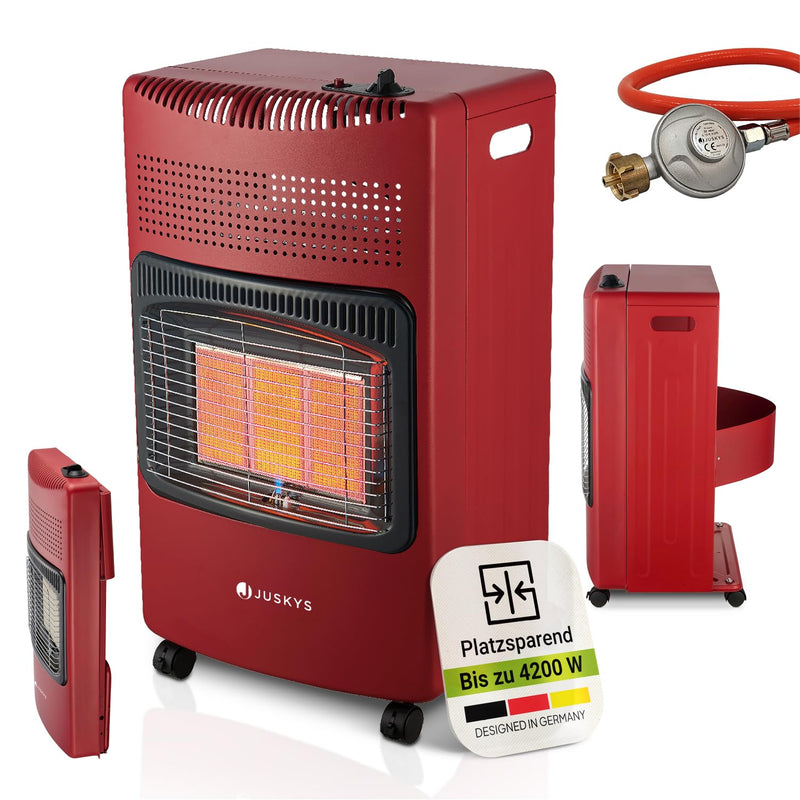 Juskys® Keramik Gasheizung GS42US in Rot - 4200 W mit Druckregler & Schlauch - Mobil, effizient & energiesparend - Gasheizer Gasheizofen Gasheizgerät