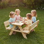 Bellabino Inny Kindersitzgruppe für 4 Kinder – Kindertisch mit 2 Bänken mit Lehne – Sitzbank Outdoor 30cm Höhe – Kinder Sitzgruppe in Natur aus Kiefernholz unbehandelt – Kinderbank für den Garten