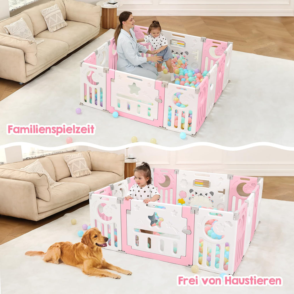 Dripex Laufstall Baby faltbar 150x150x62cm (14 Paneele) mit Spielboard, Laufgitter Baby, Kinderlaufstall & Babyzaun aus strapazierfähigem Plastik, Playpen für Innen & Außen, Rosa