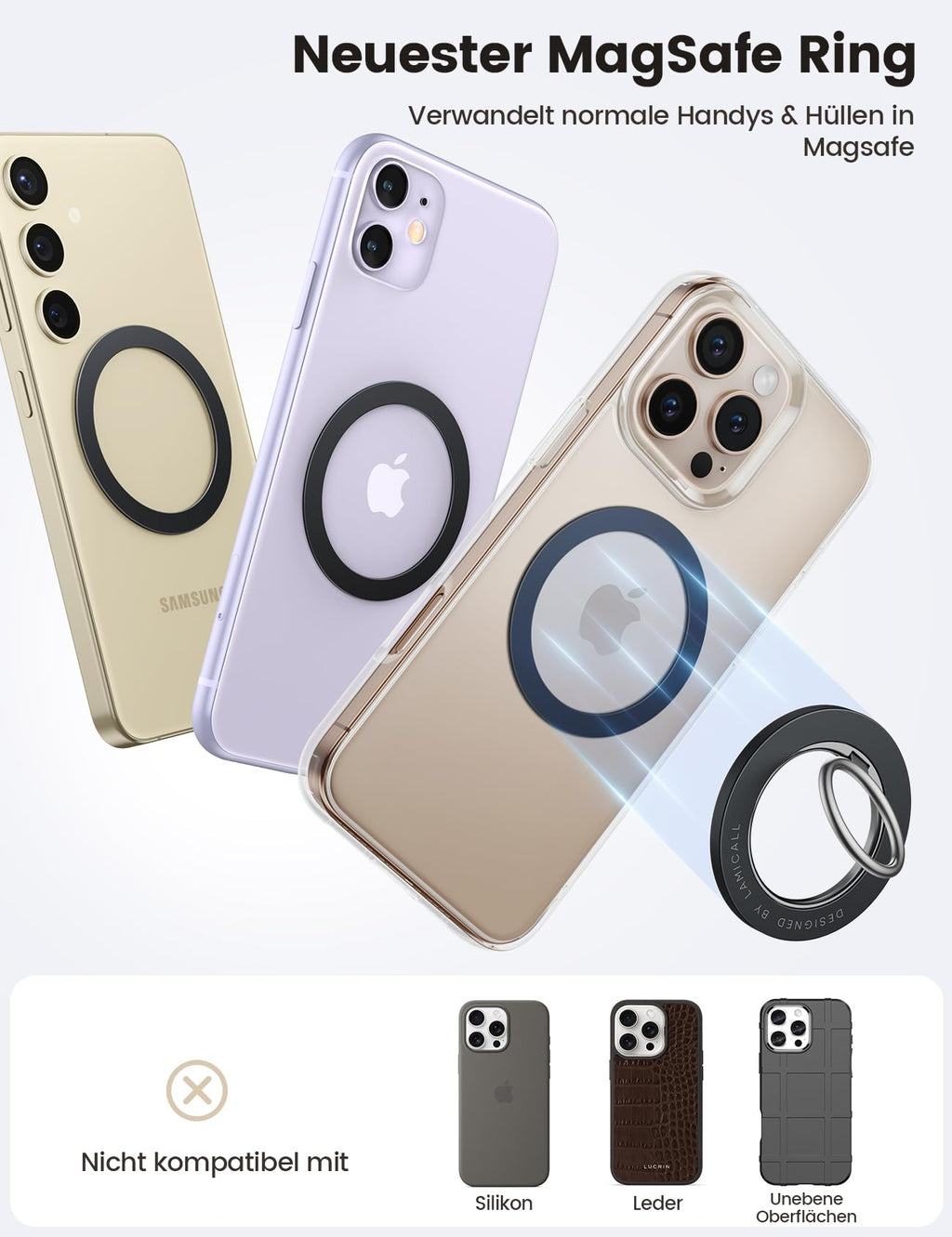 Lamicall 4 Stück für MagSafe Ring Aufkleber Metallring - [Stabil & Ultradünn] Selbstklebender Magnetring für Handyhülle, Metall Magnet Ring für iPhone 17 16 15, MagSafe-Zubehör (Nicht Magnetisch)