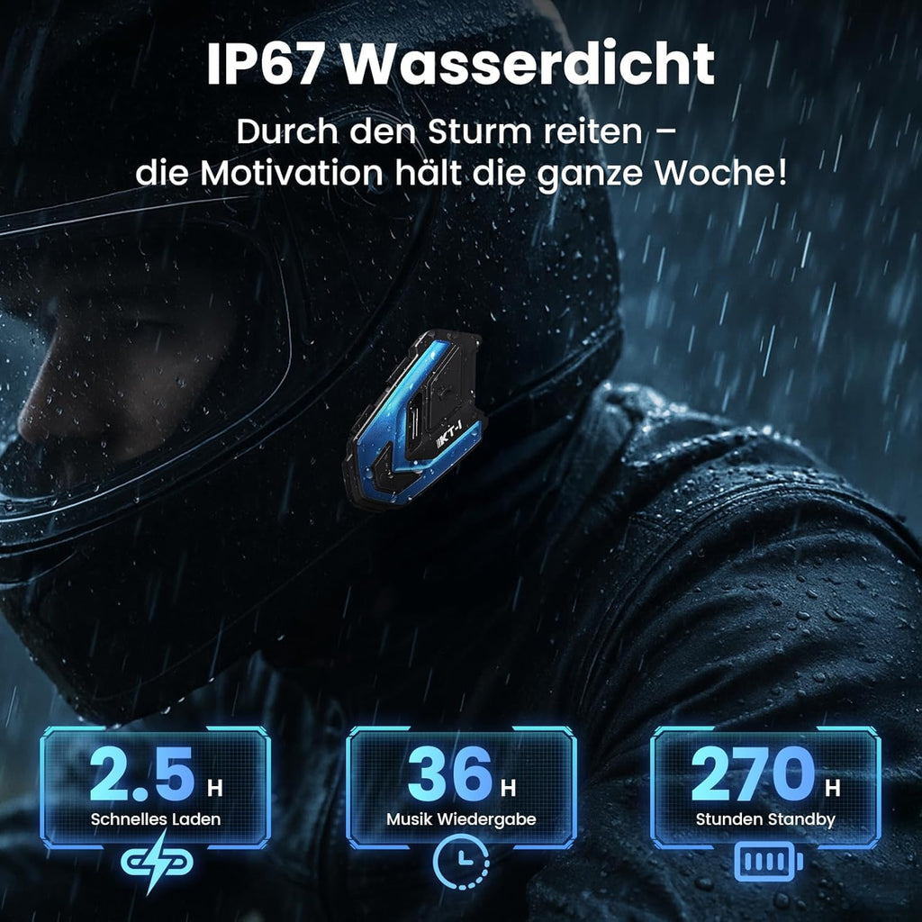 WAYXIN KT1 Motorrad Bluetooth 5.4 Kopfhörer, Motorrad Headset mit DSP & CVC Dual Geräuschunterdrückung, Motorradhelm Bluetooth mit HI-FI, Freisprechfunktion/IP67 Wasserschutz （Kopplung Nicht möglich）