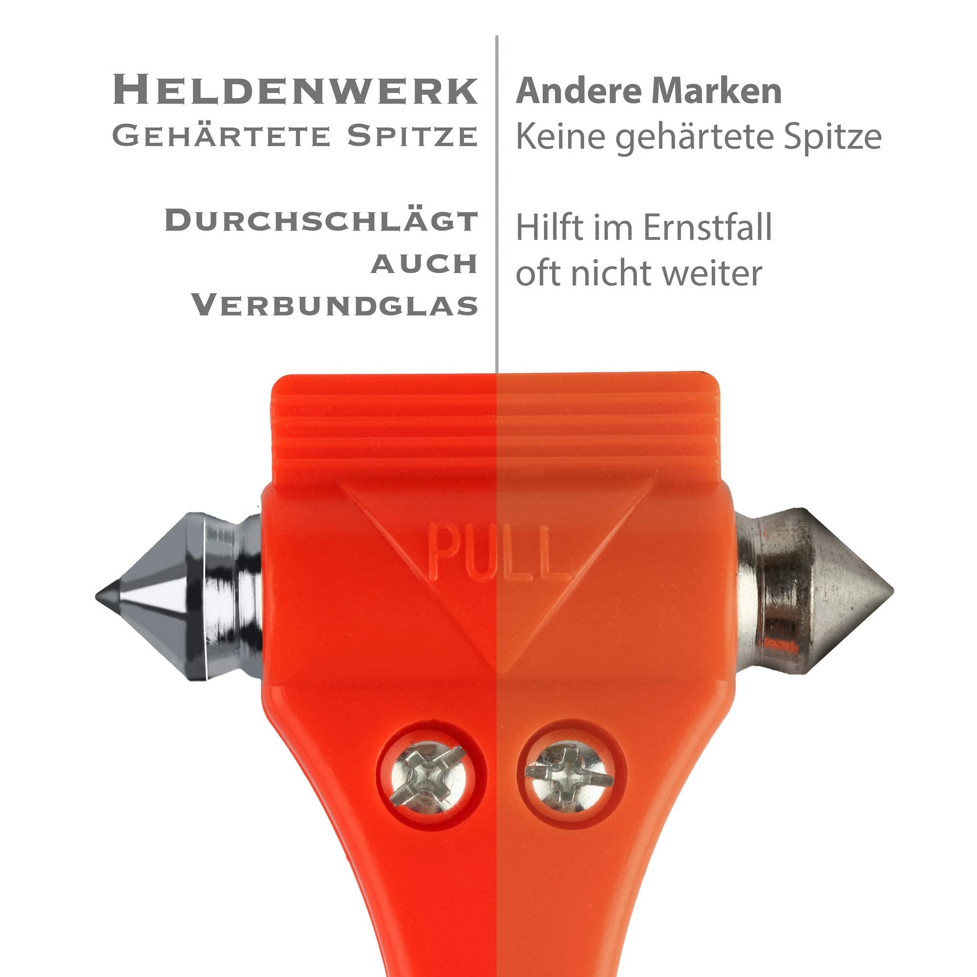 Heldenwerk® Notfallhammer fürs Auto [2er Set] - Nothammer mit Gurtschneider & gehärteten Spitzen - Notfall Hammer, Sicherheitshammer mit Gurtmesser