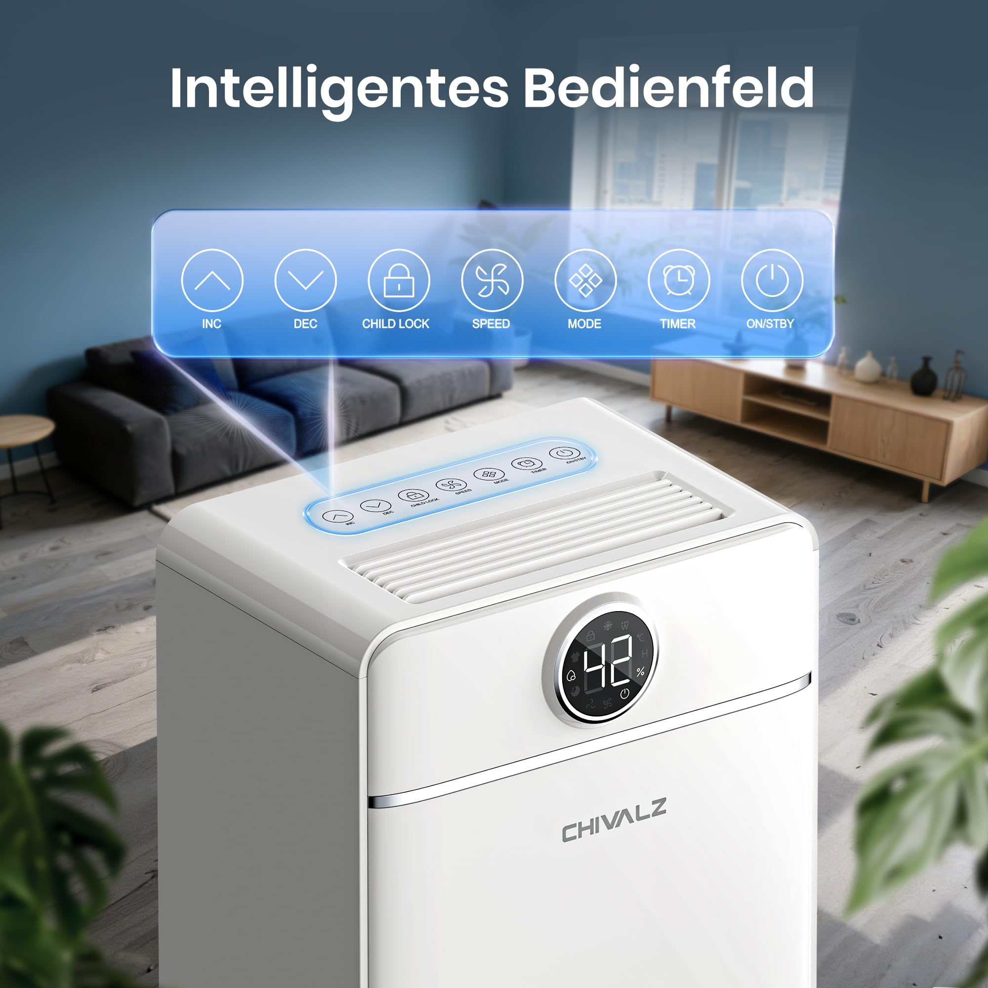 CHIVALZ Luftentfeuchter Elektrisch, Auto Raumentfeuchter Elektrisch 30m²/120m³, Raumentfeuchter mit 3 Betriebsmodi, 24H Timer, Automatische Abtauung, Energieeinsparung - Geeignet für Keller, 1 Pack