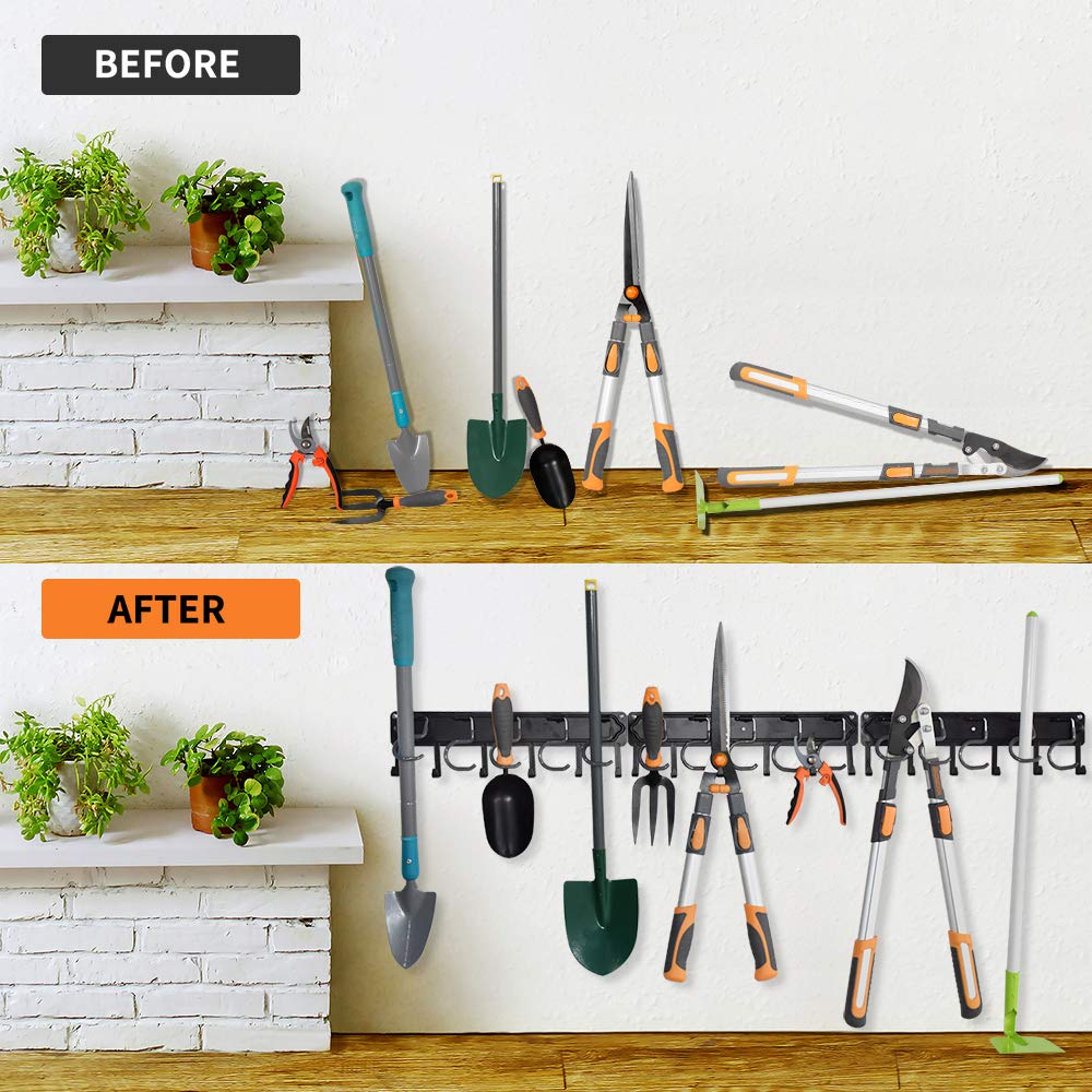 YueTong 172,7 cm Gartenwerkzeug-Organizer aus Metall, verstellbare Garagen-Wand-Organizer und Aufbewahrung, robuste Wandhalterung mit Haken für Besen, Rechen, Mop, Schaufel (4 Stück)