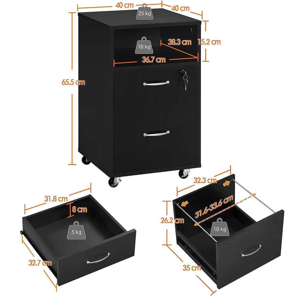 Yaheetech Rollcontainer mit 2 schubladen, Aktenschrank, mobiler Büroschrank mit offenen Fächern, hängenden Aktenfächern, für A4 und Letter-Format, für Büro, Schlafzimmer, Wohnzimmer Schwarz