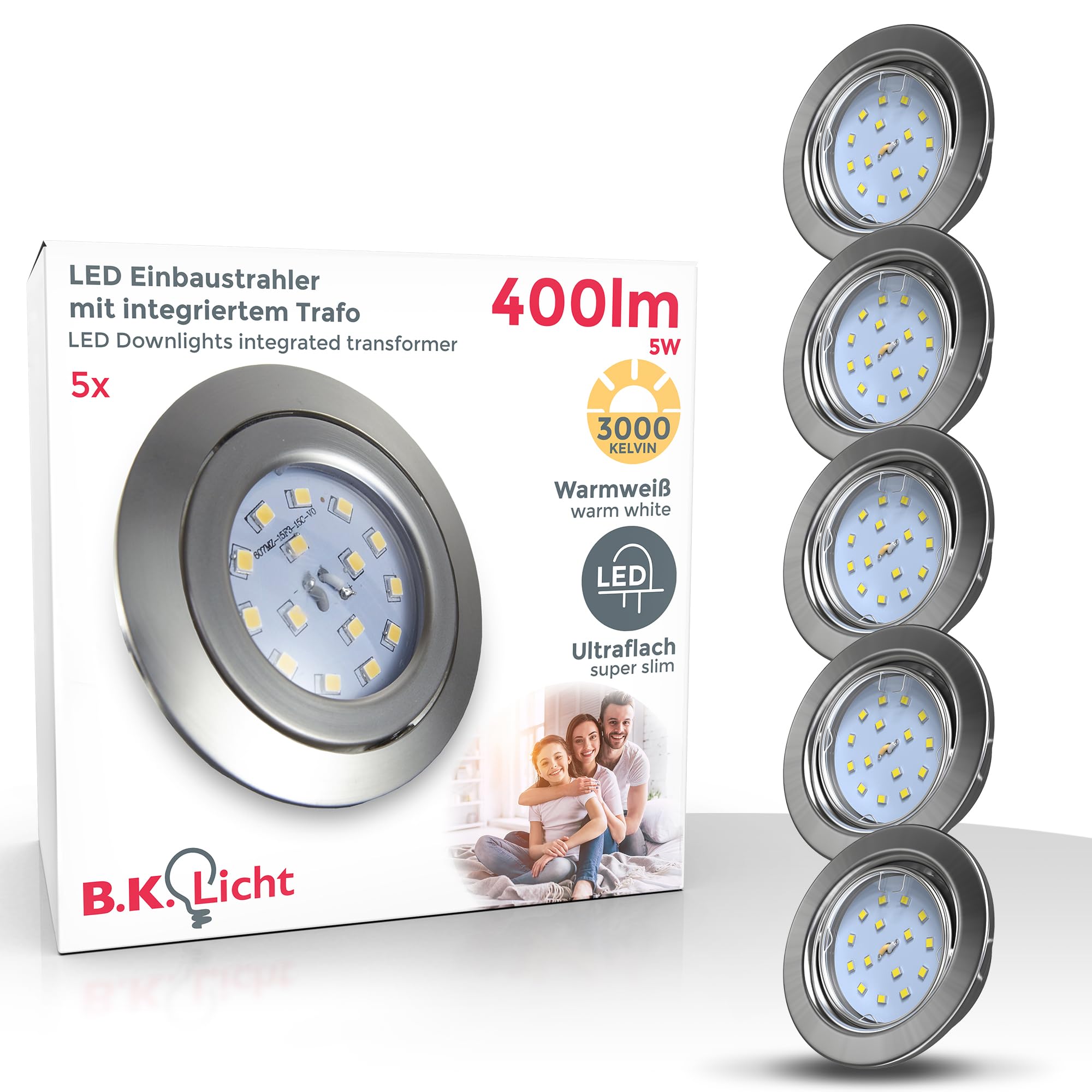 B.K.Licht - 5er Set LED Einbaustrahler 230V schwenkbar, warmweiße Lichtfarbe, Lochmass 68mm, LED Spot, flach, Deckenspots, Spots, Einbauleuchten, Einbauspots, 86x26 mm, Matt-Nickel