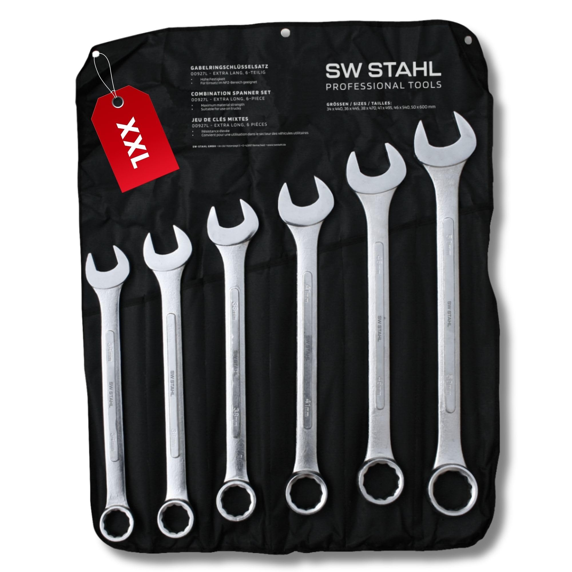 SW-Stahl 00927L Jumbo Gabelringschlüsselsatz I 6 teilig I 34-50mm extra lang I aus Carbonstahl I inkl. Rolltasche I Maulringschlüssel
