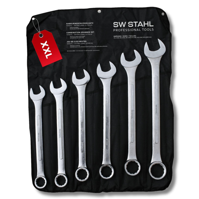 SW-Stahl 00927L Jumbo Gabelringschlüsselsatz I 6 teilig I 34-50mm extra lang I aus Carbonstahl I inkl. Rolltasche I Maulringschlüssel