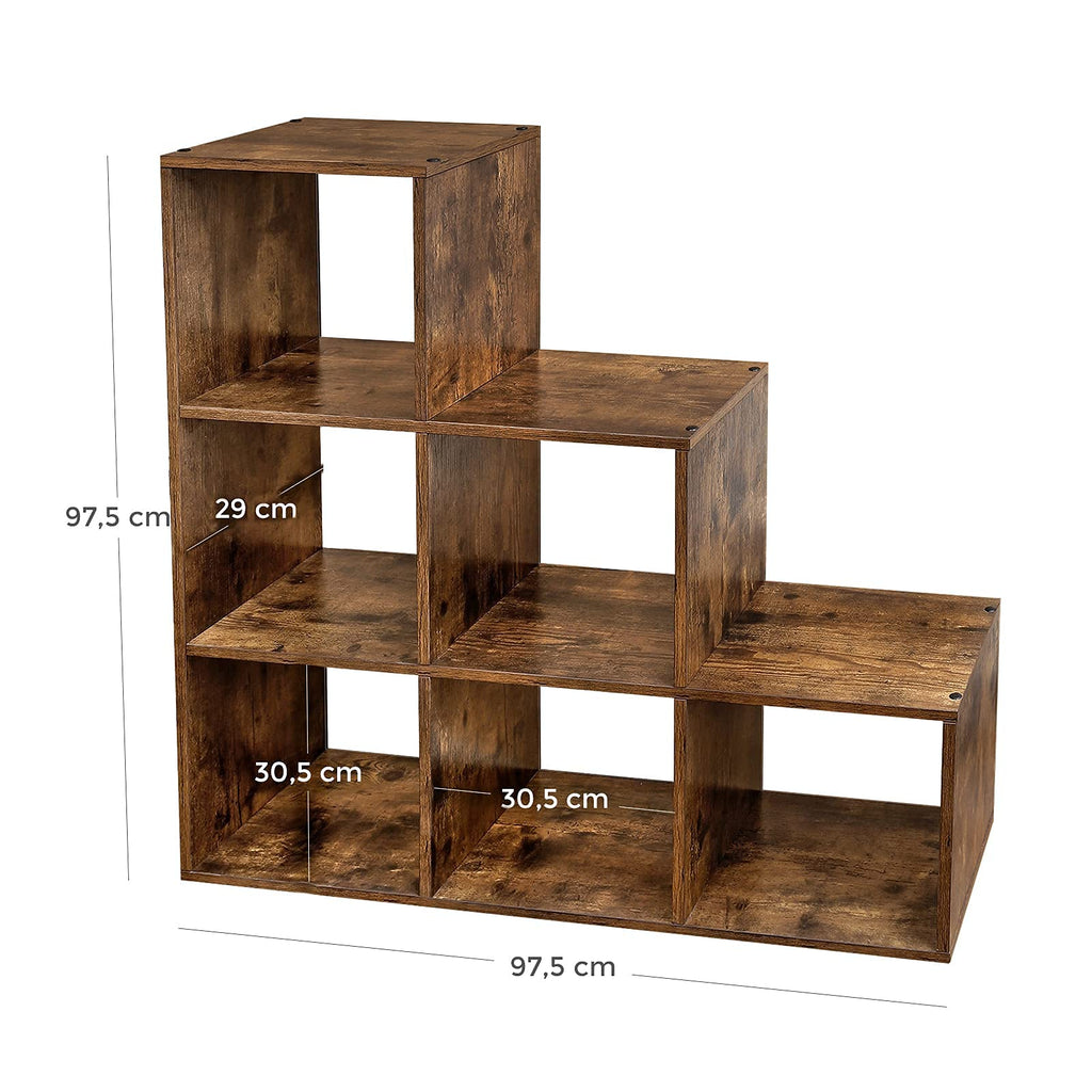 VASAGLE Bücherregal, Treppenregal, Trennwand, Aufbewahrungsmöbel, 6 Fächer, für Büro, Wohnzimmer, Schlafzimmer, rustikales Braun LBC63BX