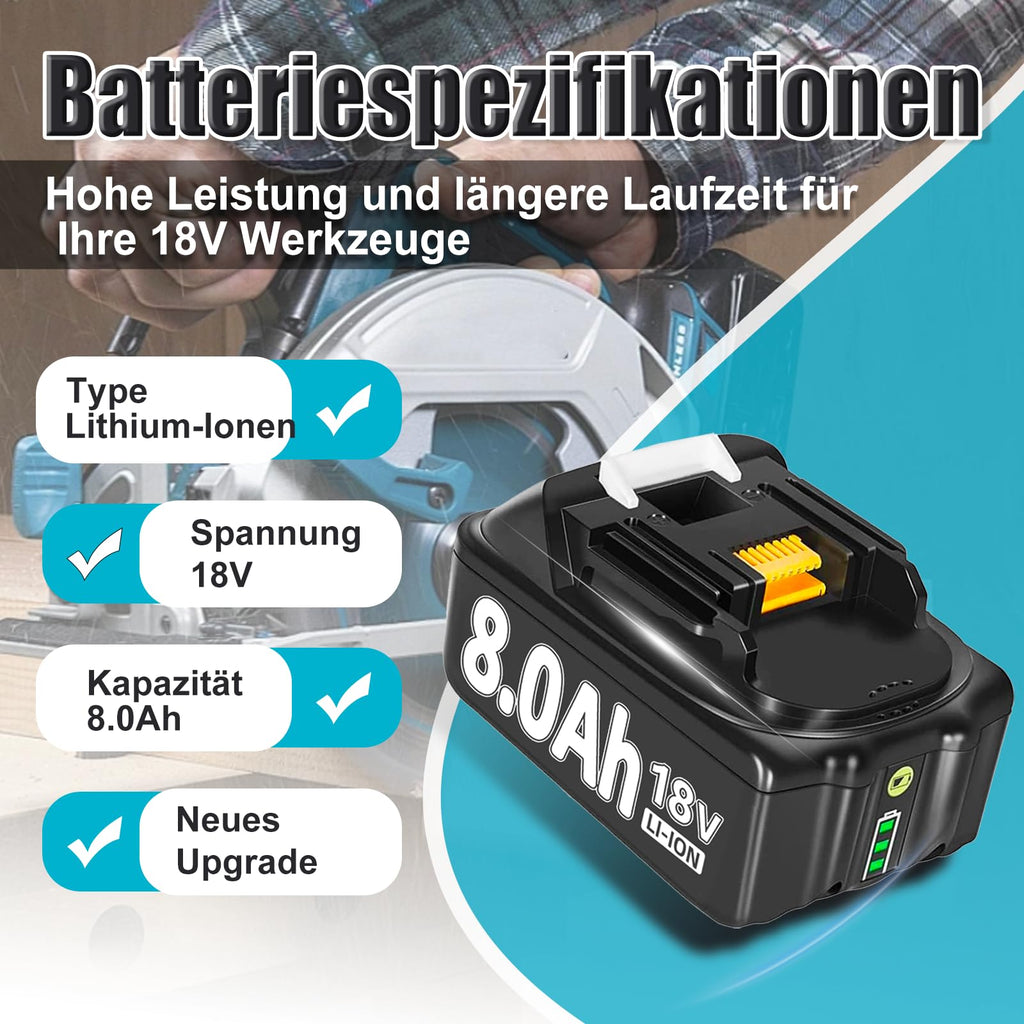 8000mAh BL1860 Ersatzakku für makita akku 18v 8Ah Ersatzakku für Makita akku BL1850 BL1850B BL1860 BL1860B BL1840B BL1840 BL1830 BL1835 BL1845 194204-5 LXT-400 Werkzeugakku mit LED (8.0-4-C)