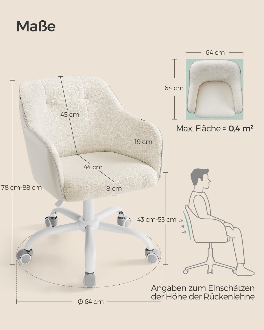 SONGMICS Homeoffice Stuhl, Drehstuhl, Schreibtischstuhl, höhenverstellbar, bis 110 kg belastbar, atmungsaktiver Sherpa-Stoff und PU, für Arbeitszimmer, Schlafzimmer, cappuccinobeige OBG019W01