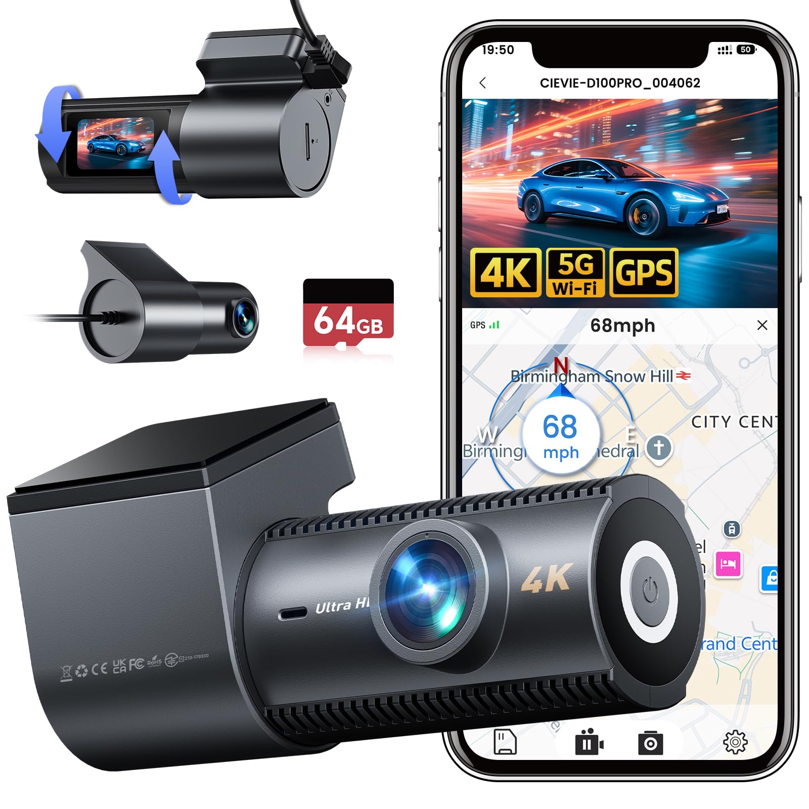 CIEVIE 4K Dashcam Auto Vorne Hinten mit GPS 5GHz WiFi, Dual Dashcam 1,5″ IPS Display, Auto Kamera mit 64GB SD Karte, 170° Weitwinkel, G-Sensor, WDR Nachtsicht, Loop-Aufnahme, Unterstützt 256GB Max