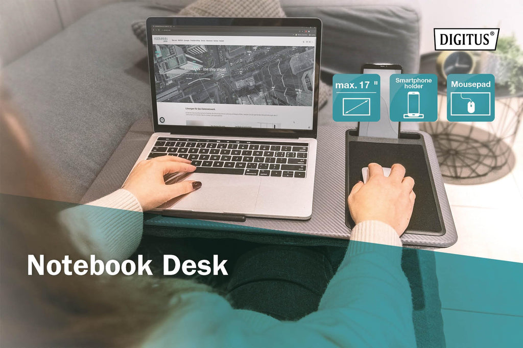 DIGITUS Notebook Kissen - mit Smartphone-Halterung - für 17" Laptops - Laptopunterlage - zum bequemen Arbeiten vom Sofa oder Bett aus - Grau